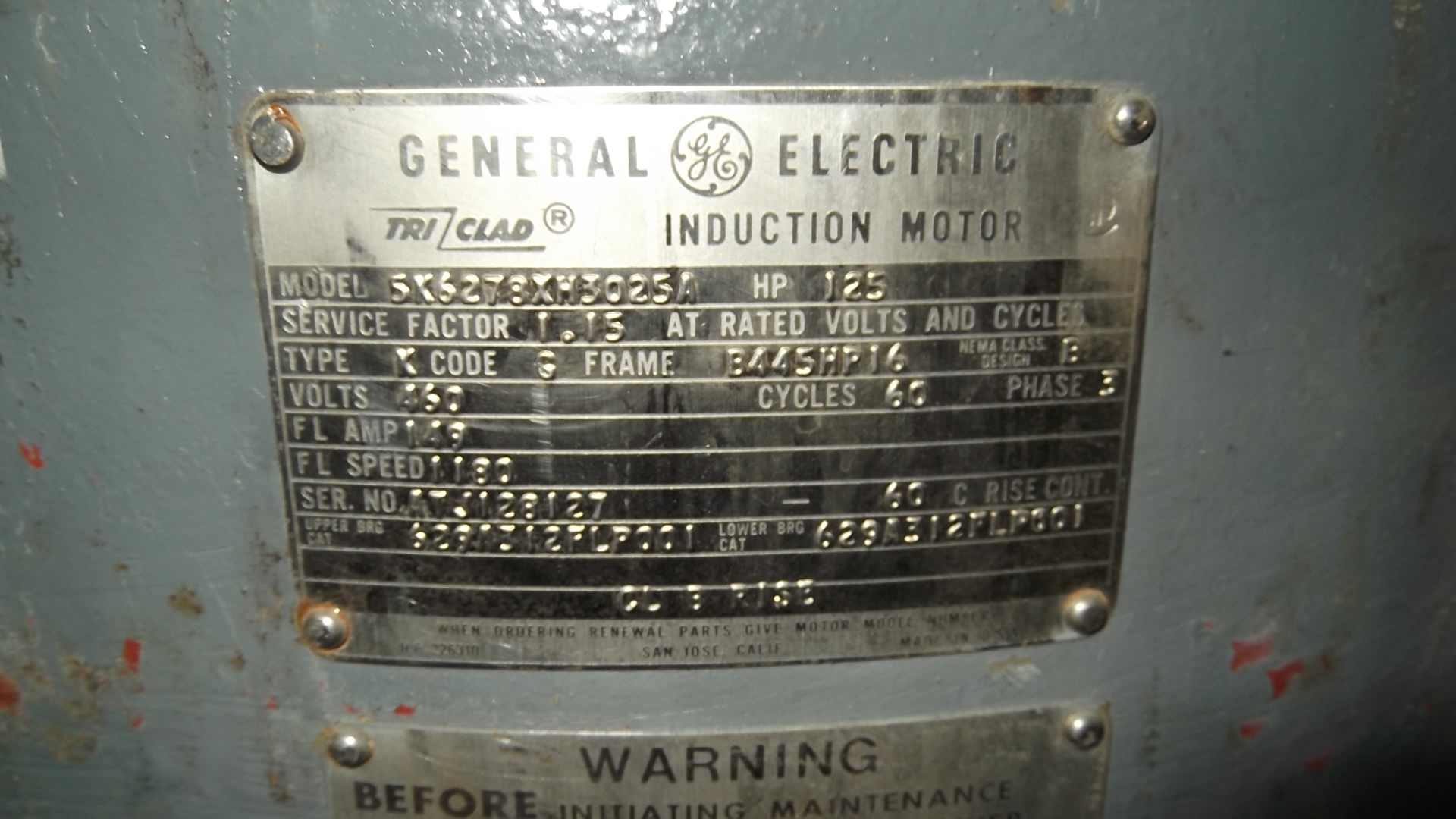 General Electric 125 HP 1180 RPM B445HP16 Vertical Motors 68476