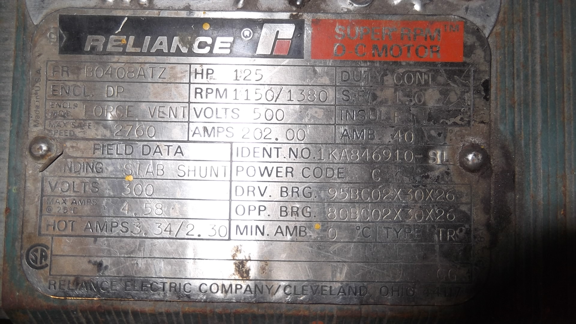 Reliance 125 HP 1150/1380 RPM B0408ATZ DC Motors 68508