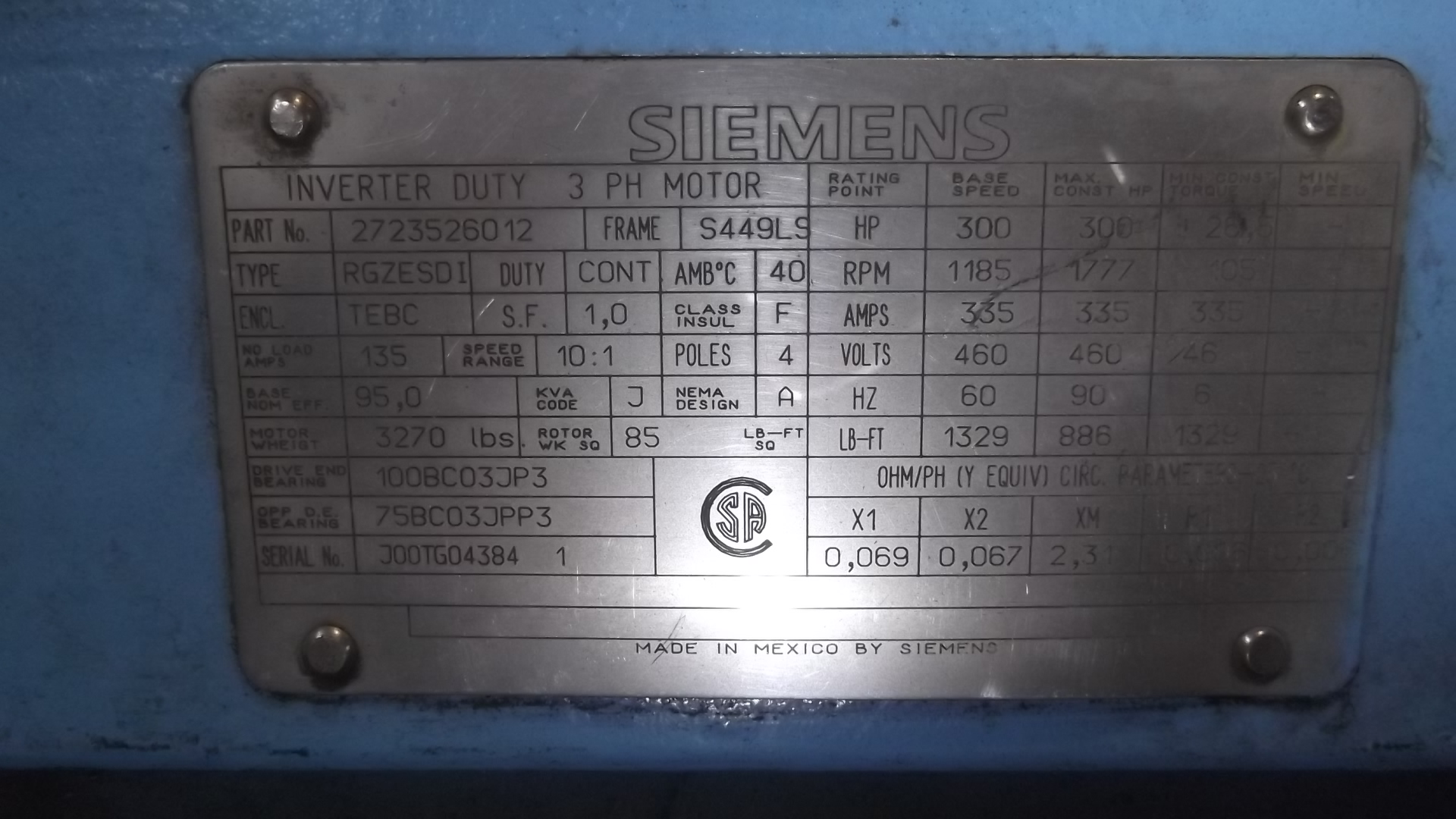 Siemens 300 HP 1200 RPM S449LS Squirrel Cage Motors 68801