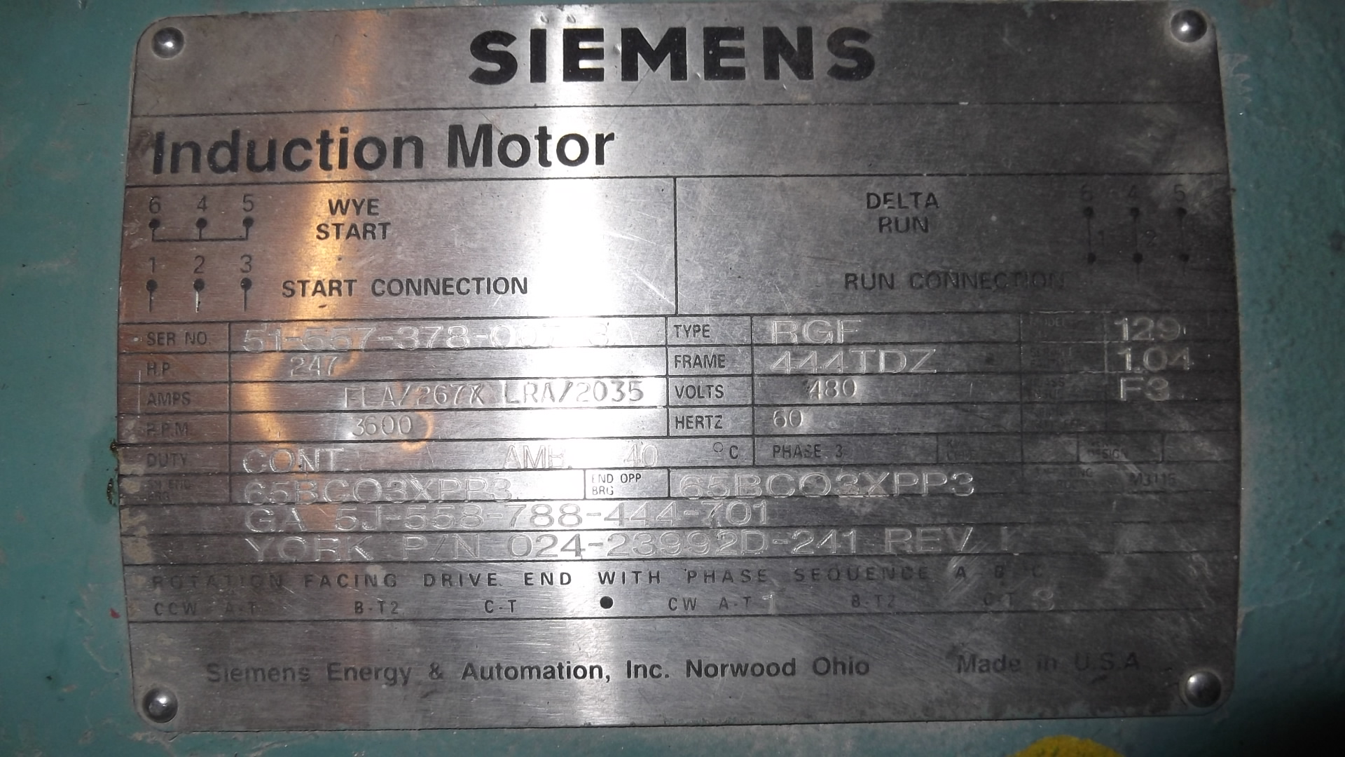 Siemens 250 HP 3600 RPM 444TDZ Squirrel Cage Motors 68953