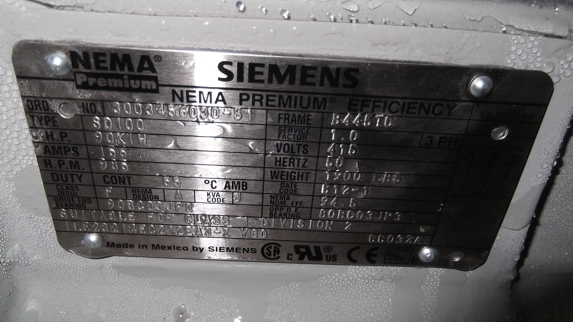 Siemens 125 HP 1200 RPM 445TC Squirrel Cage Motors 68991