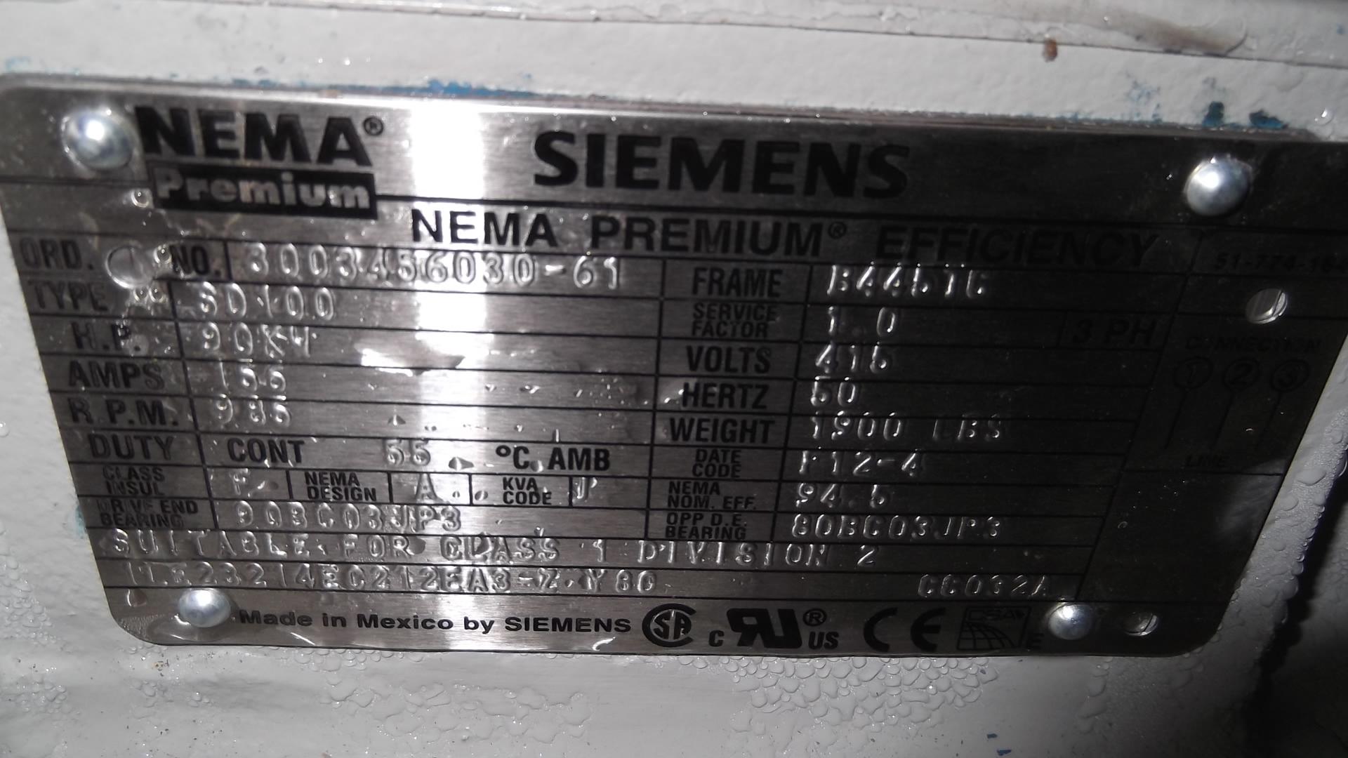Siemens 125 HP 1200 RPM 445TC Squirrel Cage Motors 68995