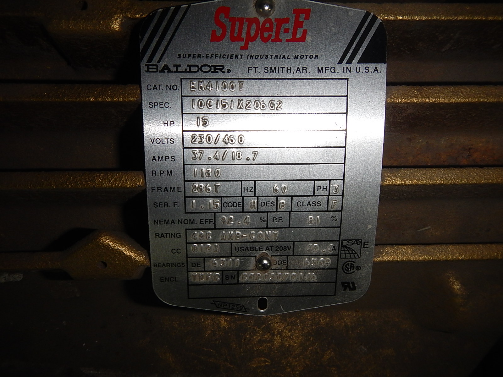 Baldor 15 HP 1200 RPM 286T Squirrel Cage Motors 69436