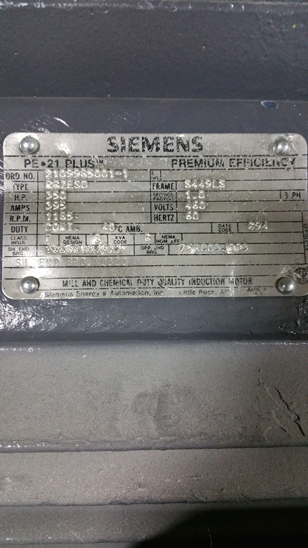 Siemens 350 HP 1200 RPM S449LS Squirrel Cage Motors 69467