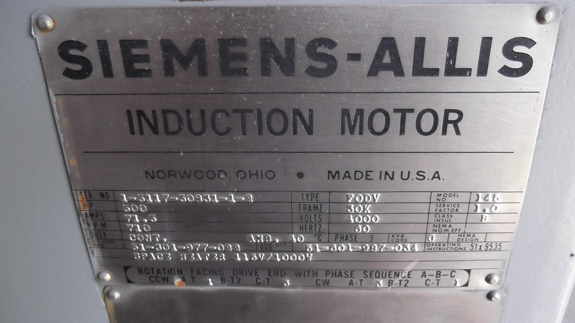 Siemens-Allis 500 HP 710 RPM 30K Vertical Motors 69473