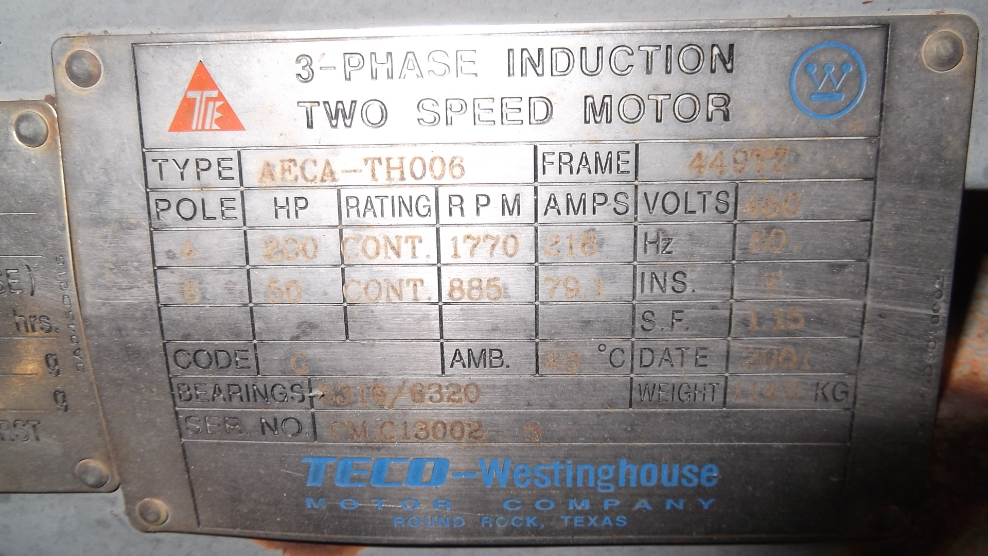 Teco Westinghouse 200 HP 1770 RPM 449TZ Multi Speed Motors 69718