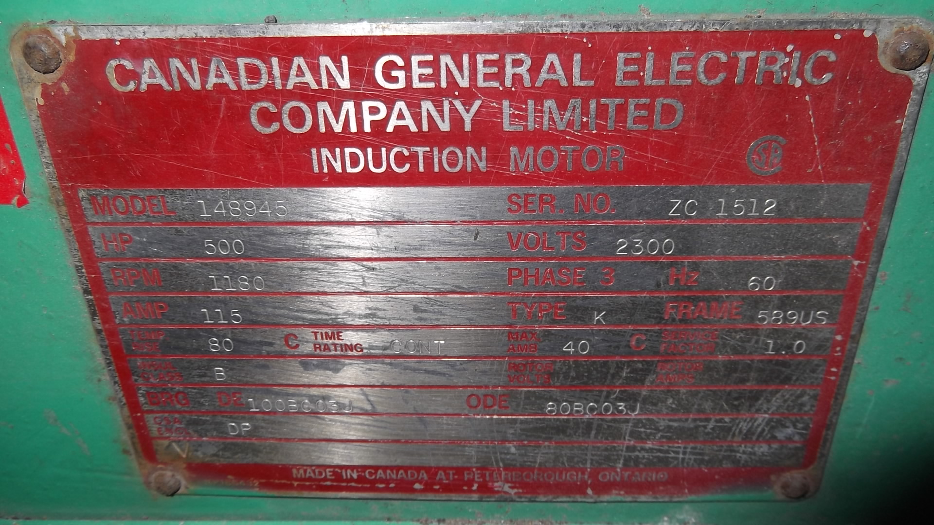 General Electric Canada 500 HP 1200 RPM 589US Squirrel Cage Motors 69798