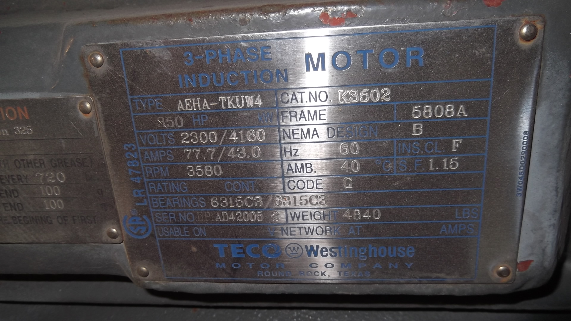 Teco Westinghouse 350 HP 3600 RPM 5808A Squirrel Cage Motors 69888