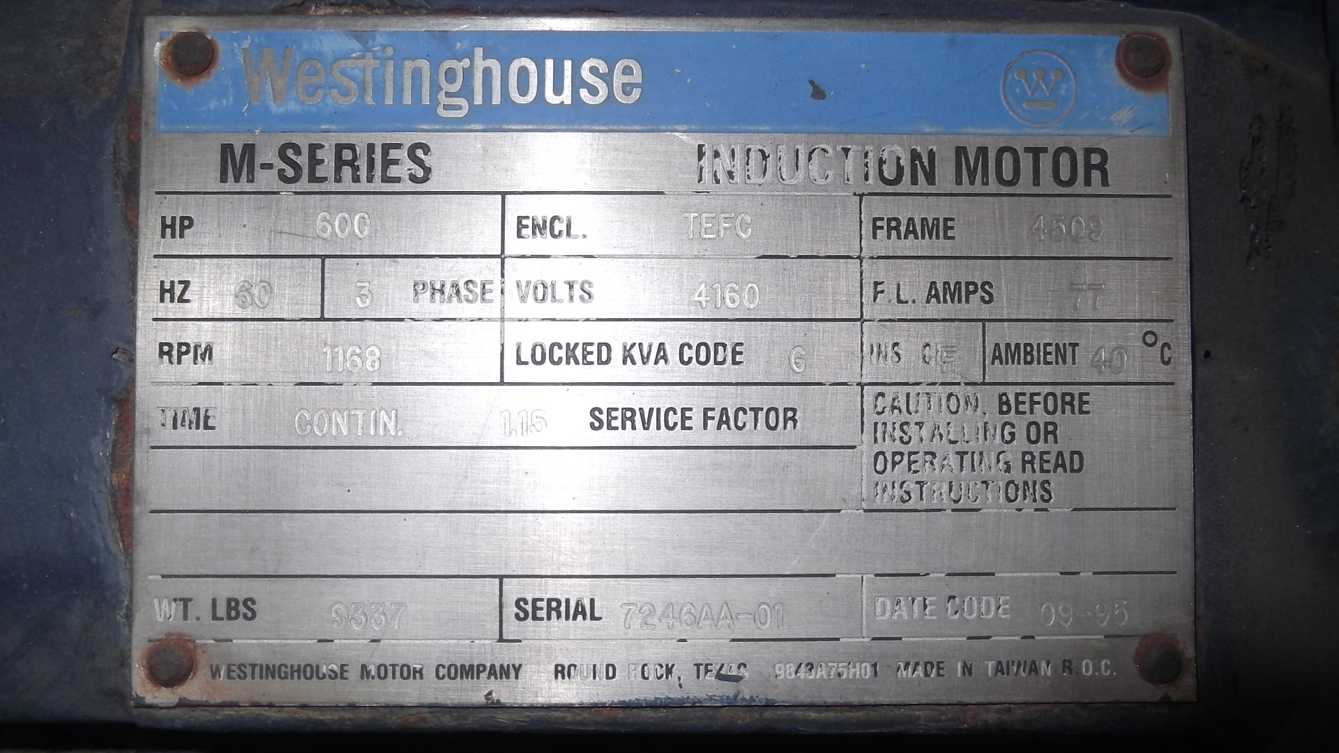 Westinghouse 600 HP 1200 RPM 4509 Squirrel Cage Motors 69889
