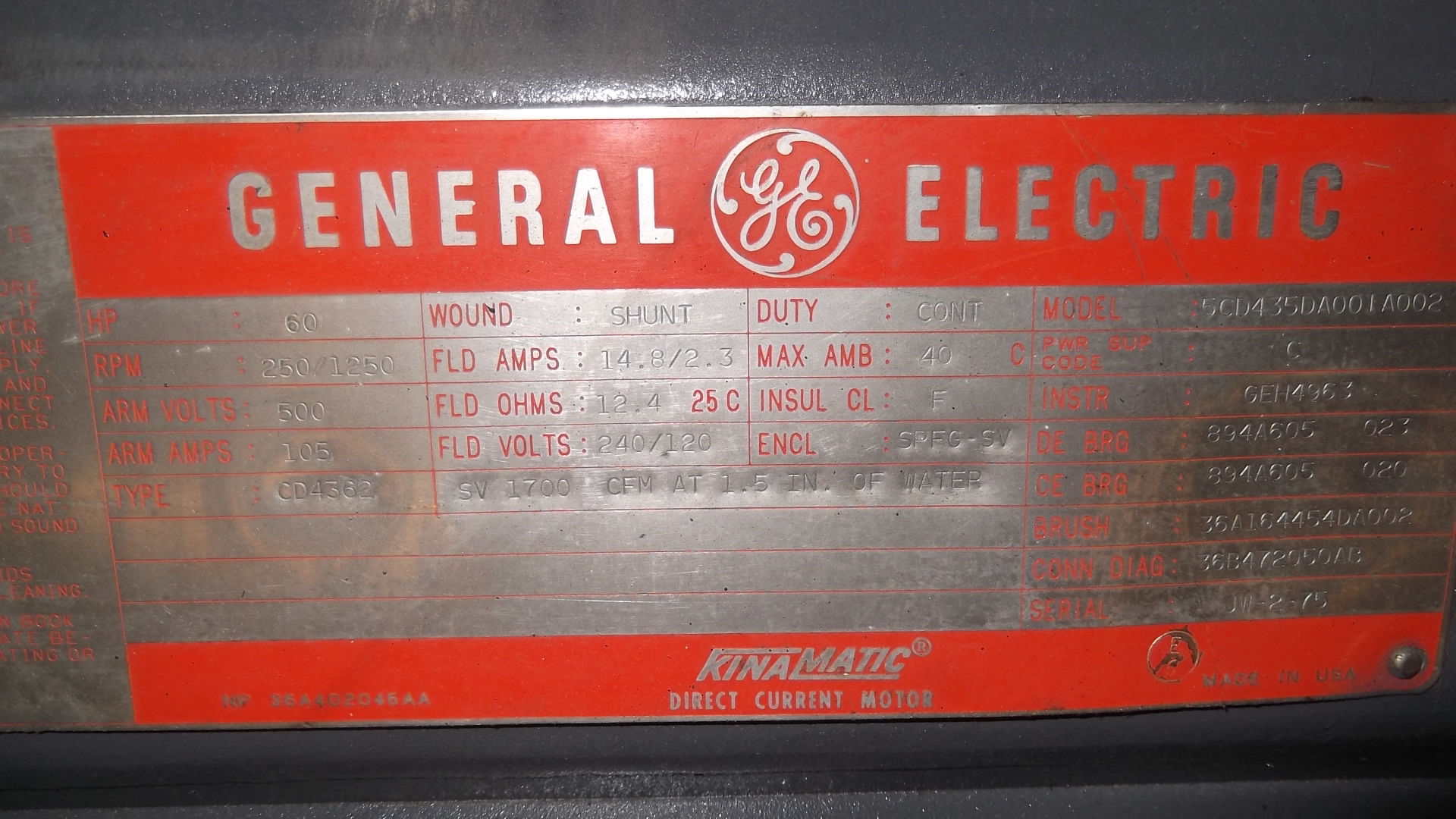 General Electric 60 HP 250/1250 RPM 4362 DC Motors 69903