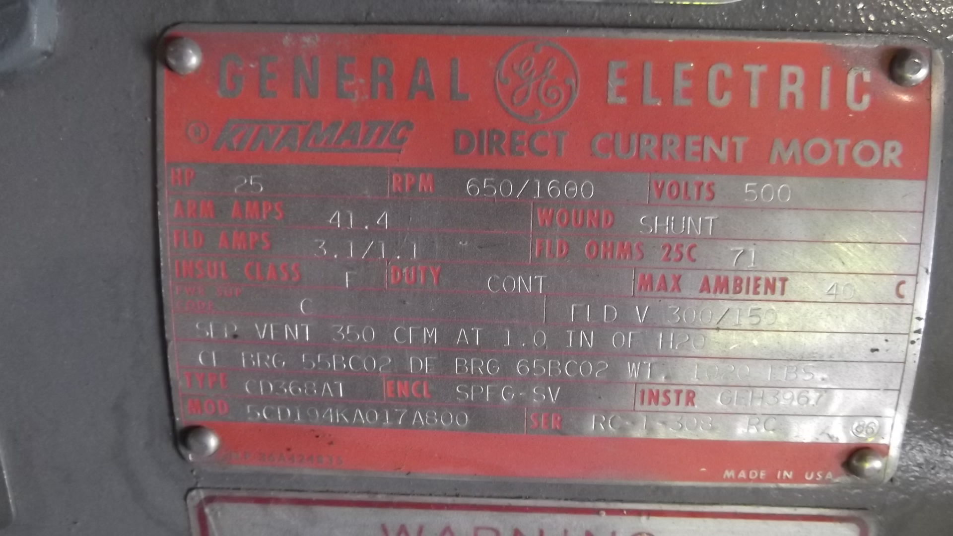 General Electric 25 HP 650/1600 RPM 368AT DC Motors 69918