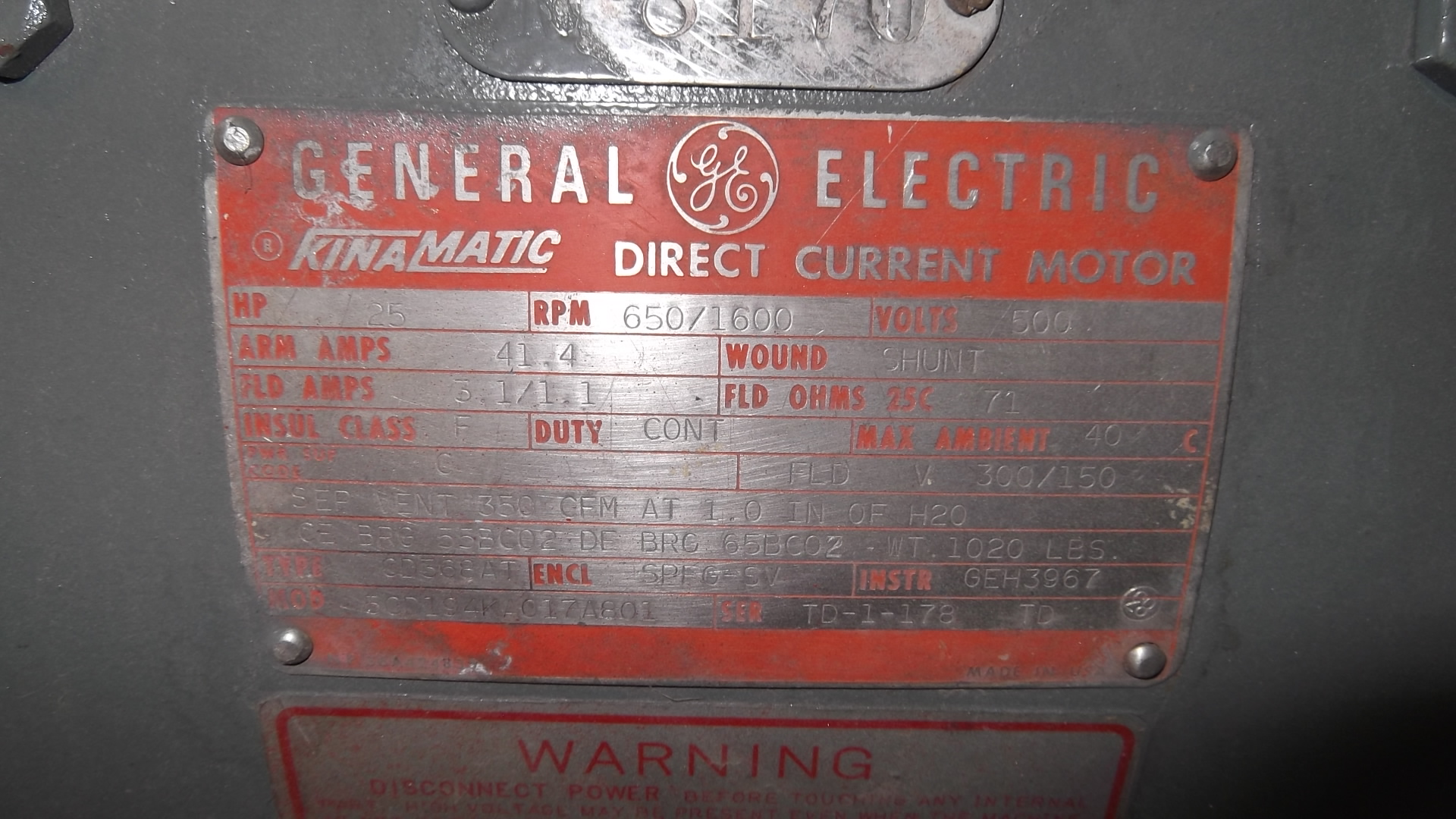 General Electric 25 HP 650/1600 RPM 368AT DC Motors 69919