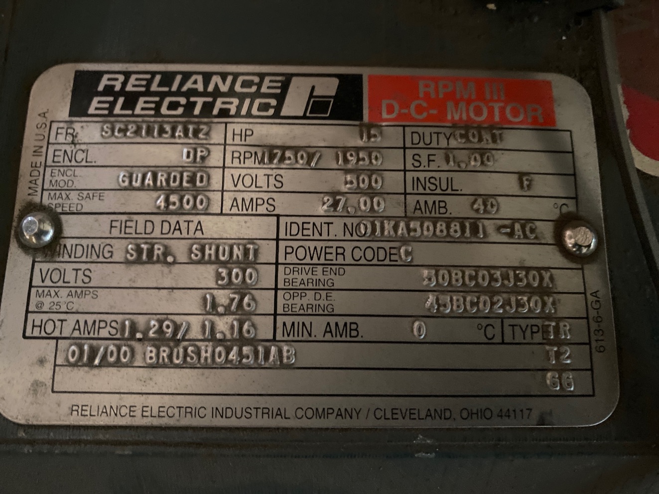 Reliance 15 HP 1750/1950 RPM SC2113ATZ DC Motors 69961