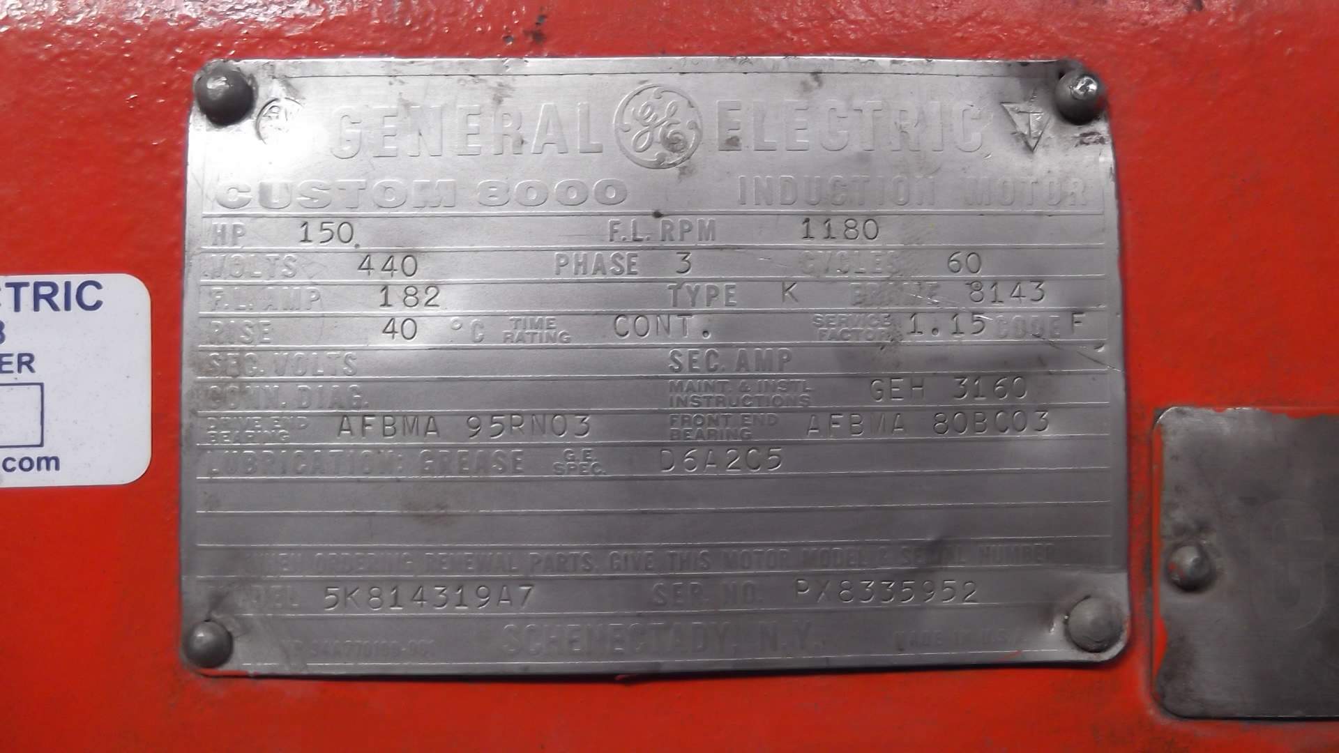 General Electric 150 HP 1200 RPM 8143 Squirrel Cage Motors 70156