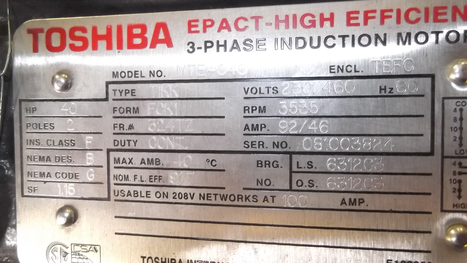 Toshiba 40 HP 3600 RPM 324TZ Squirrel Cage Motors 70267