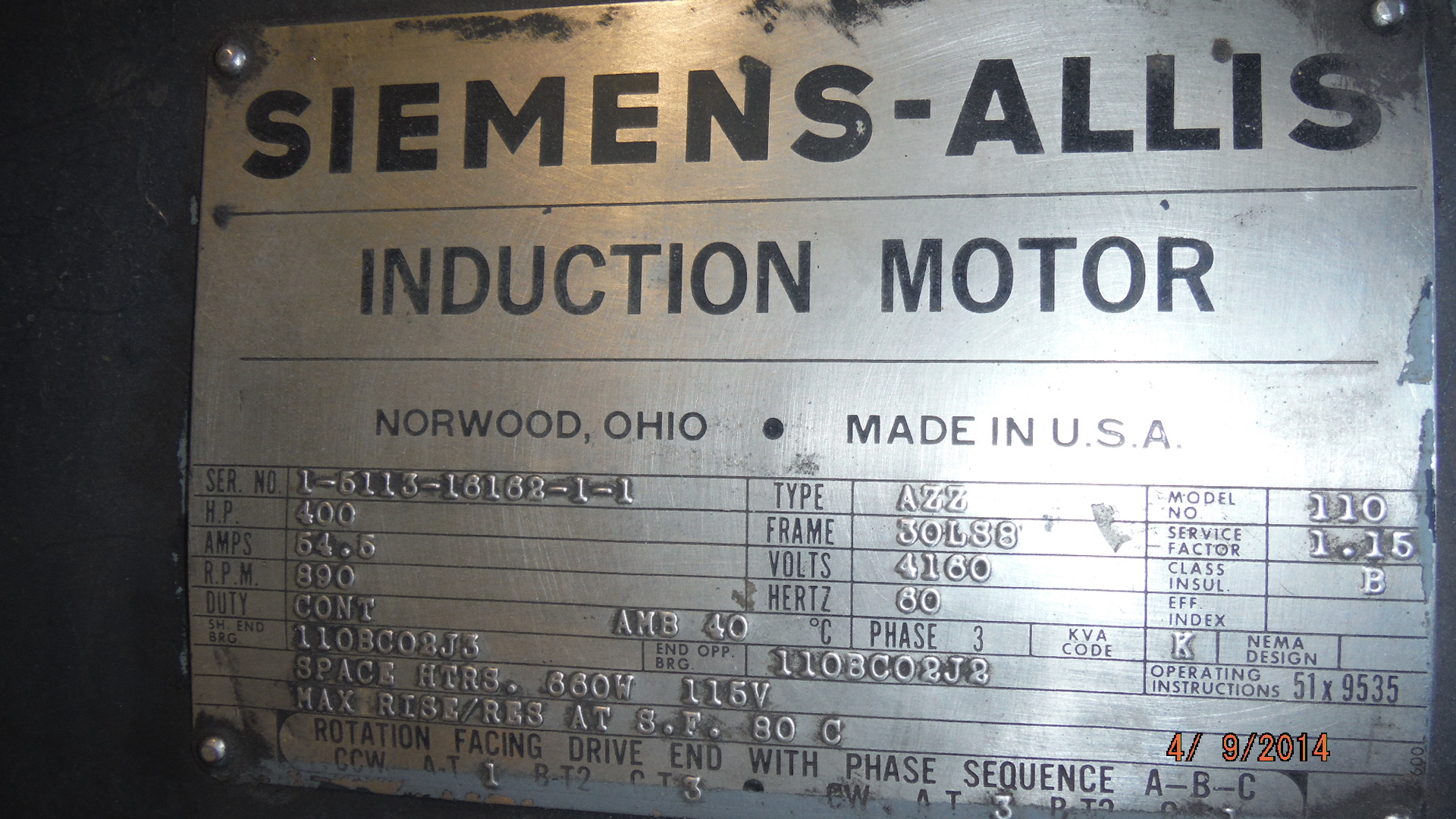 Siemens-Allis 400 HP 900 RPM 30LS8 Squirrel Cage Motors 70715