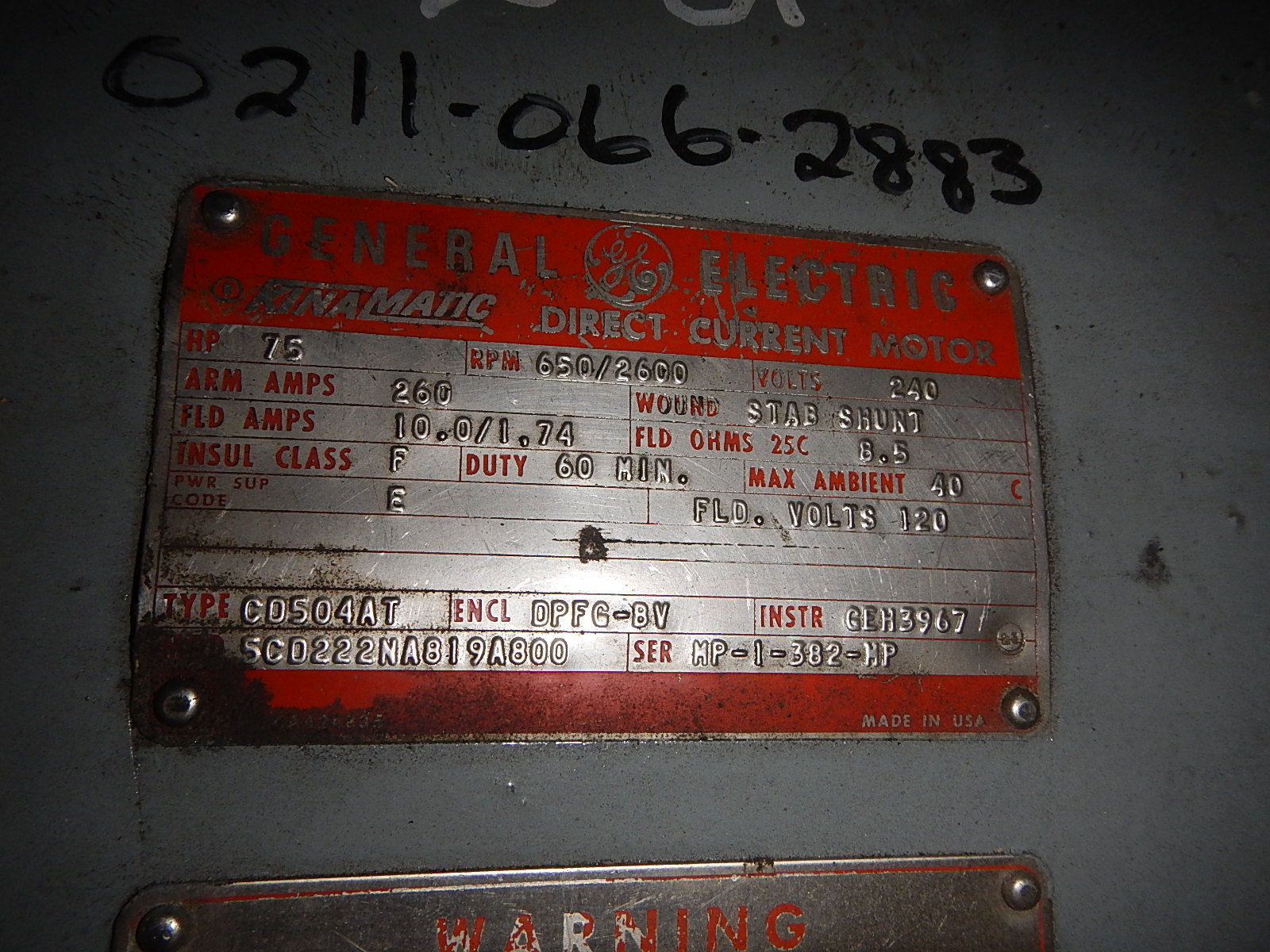 General Electric 75 HP 650/2600 RPM 504AT DC Motors 71007