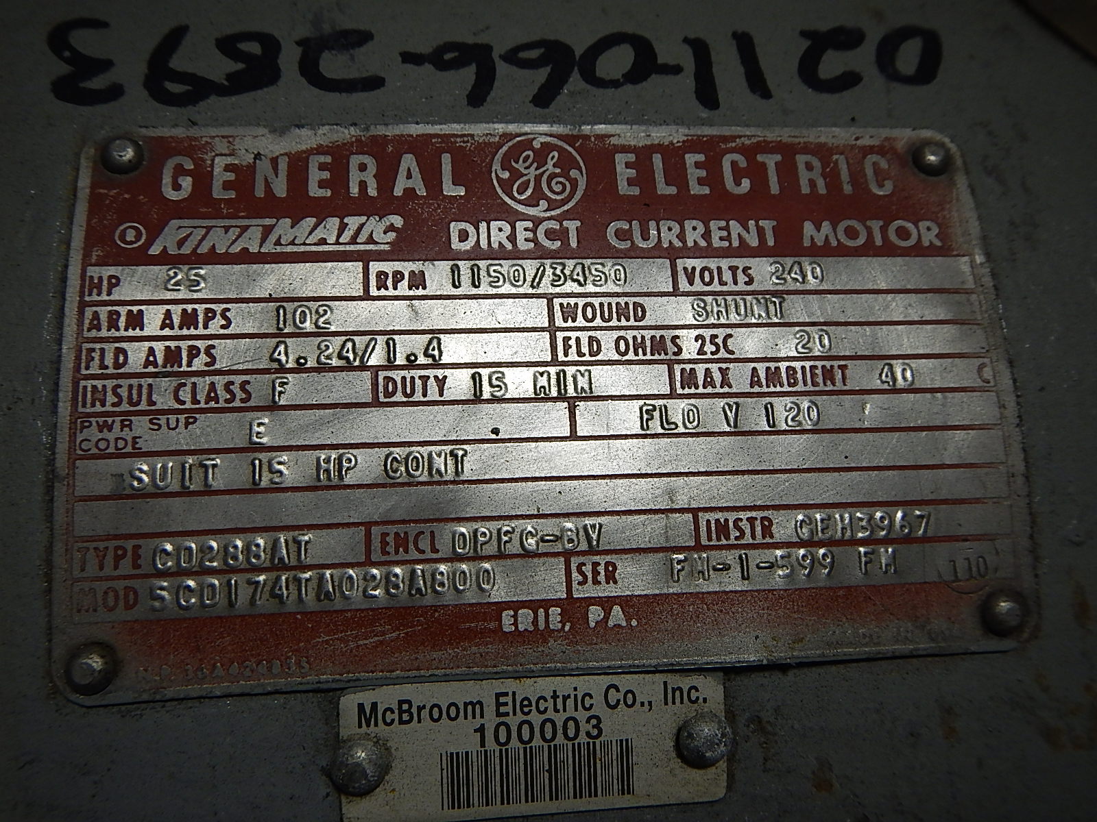 General Electric 25 HP 1150/3450 RPM 288AT DC Motors 71016