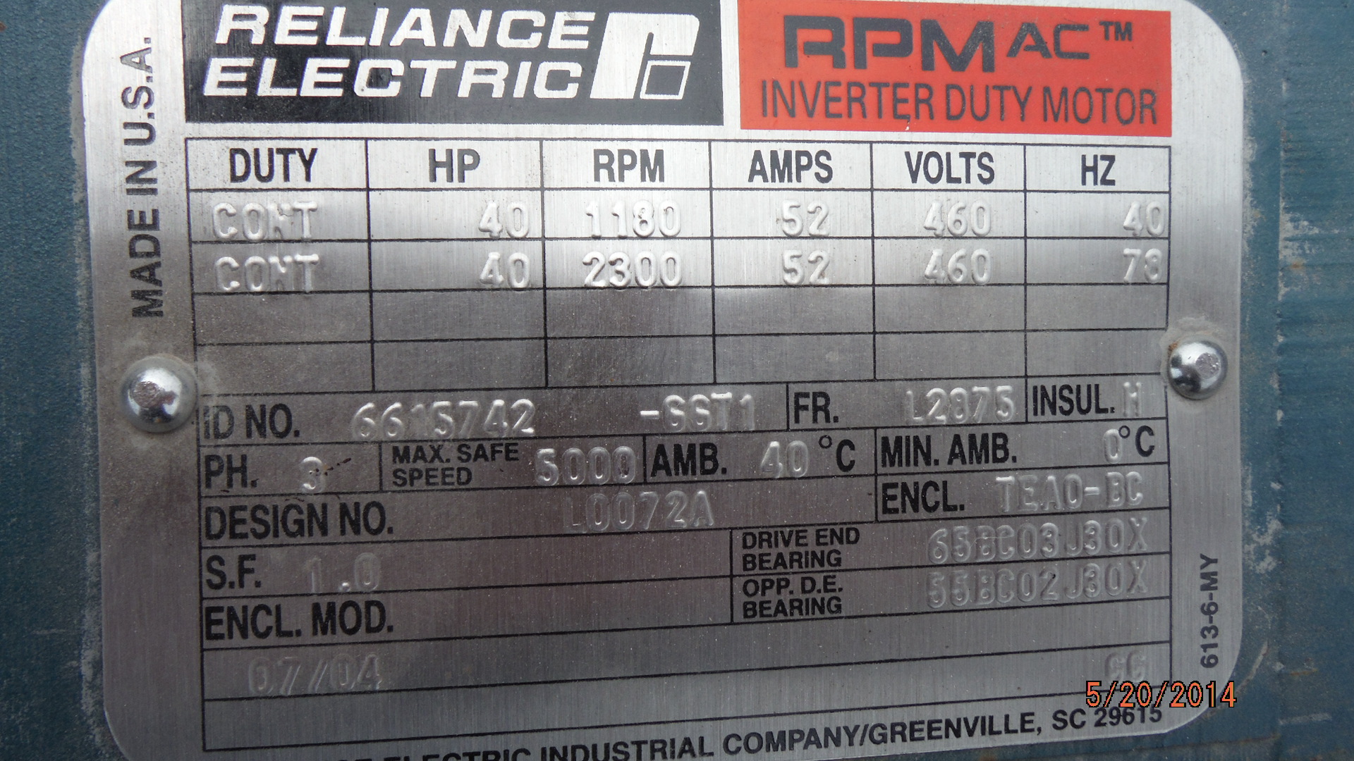 Reliance 40 HP 1200 RPM L2875 Squirrel Cage Motors 71117