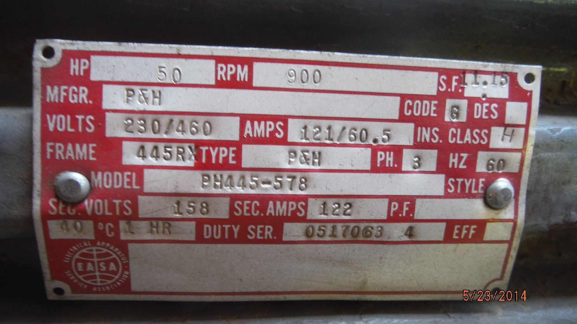P&H 50 HP 900 RPM 445RX Slip Ring Motors 71137