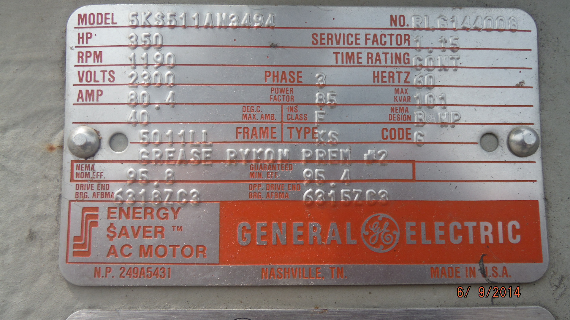 General Electric 350 HP 1200 RPM 5011LL Squirrel Cage Motors 71201