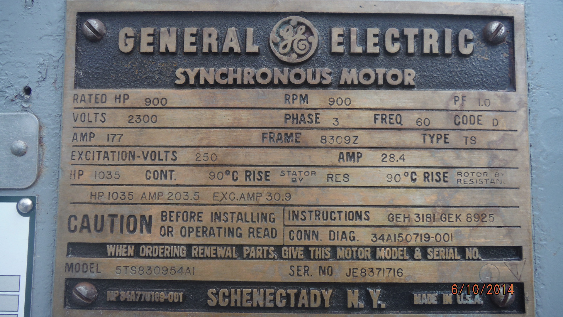 General Electric 900 HP 900 RPM 8309Z Synchronous Motors 71206