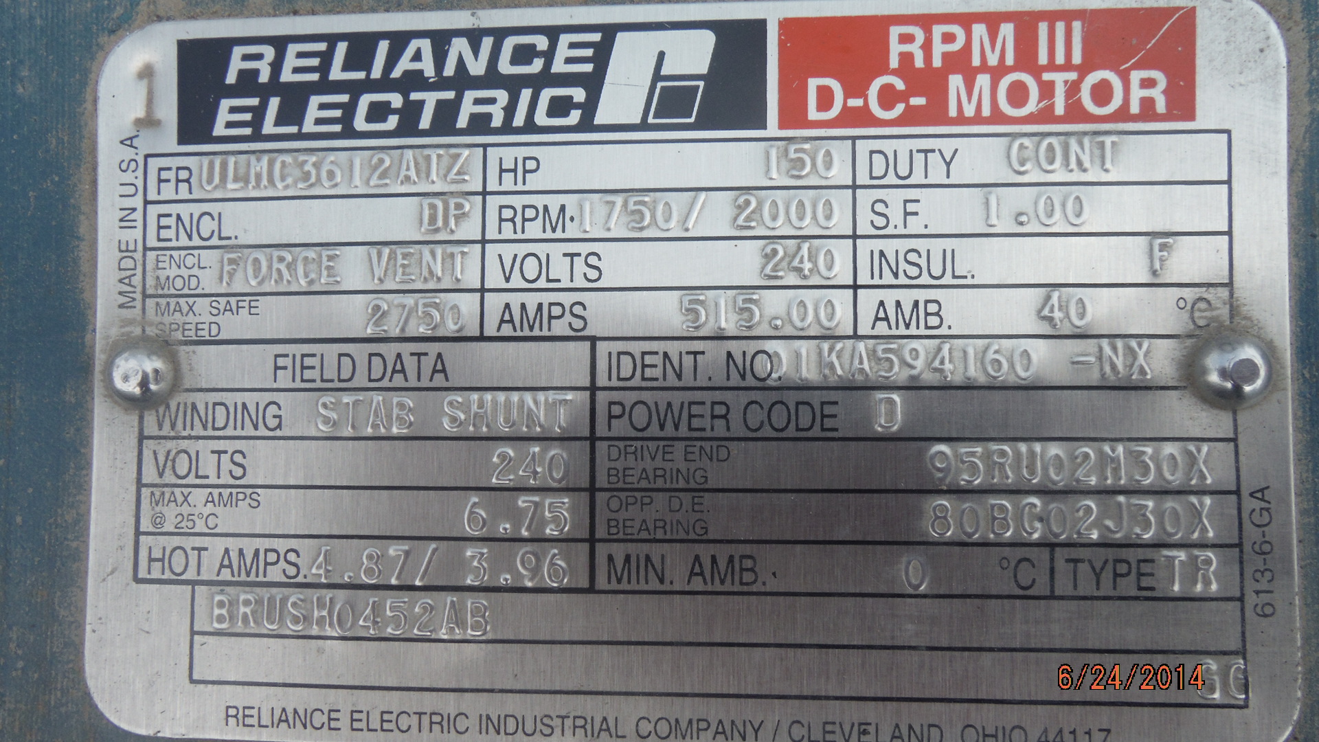 Reliance 150 HP 1750/2000 RPM ULMC3612ATZ DC Motors 71227