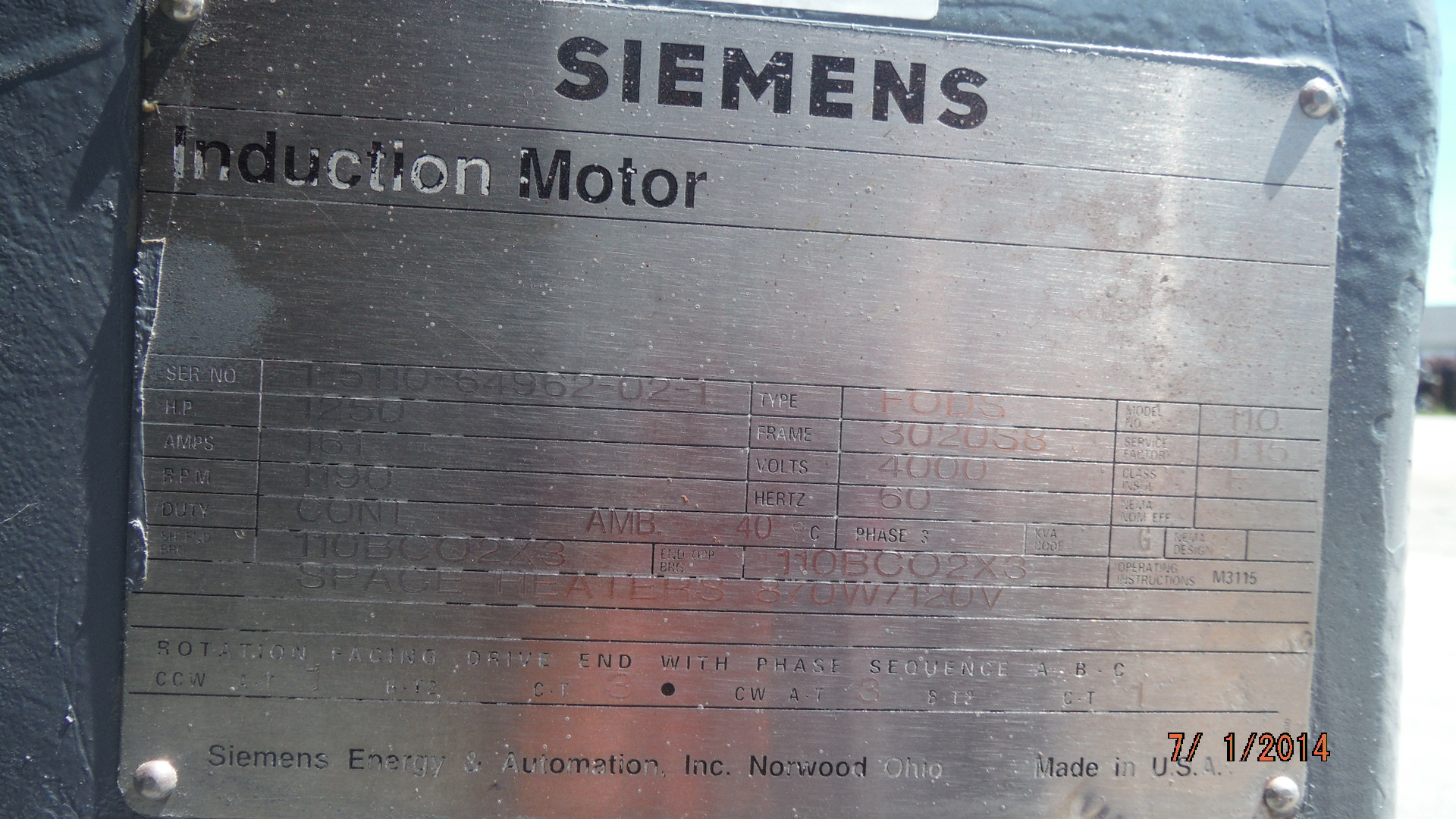 Siemens 1250 HP 1200 RPM 3020S8 Squirrel Cage Motors 71256