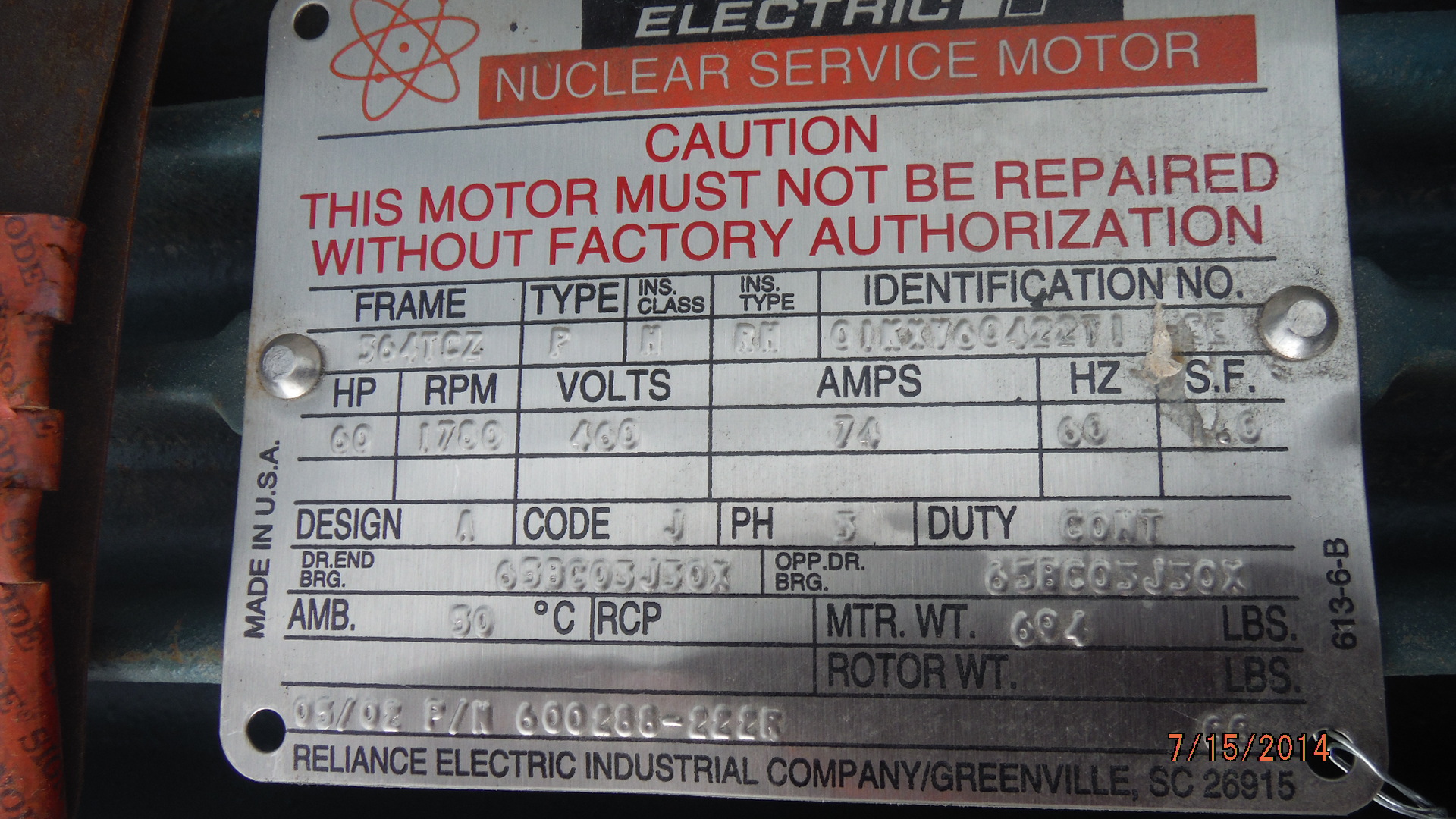 Reliance 60 HP 1800 RPM 364TCZ Squirrel Cage Motors 71290