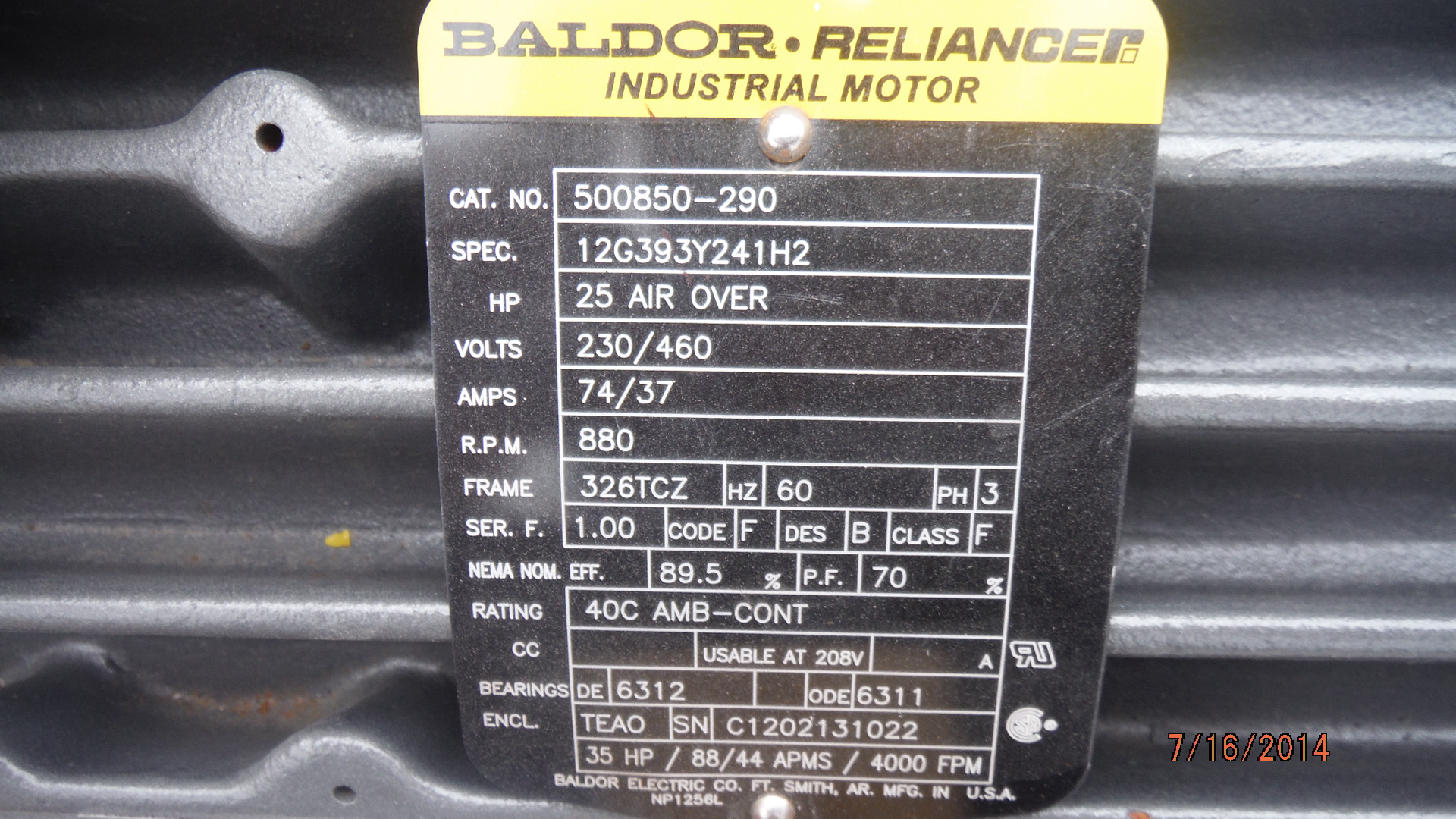 Baldor 25 HP 900 RPM 326TCZ Squirrel Cage Motors 71291