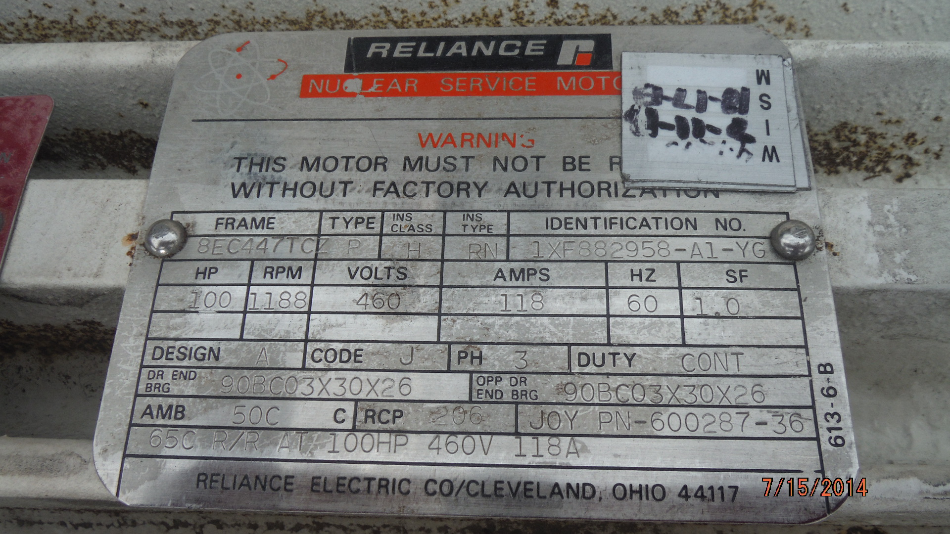 Reliance 100 HP 1200 RPM 447TCZ Squirrel Cage Motors 71293