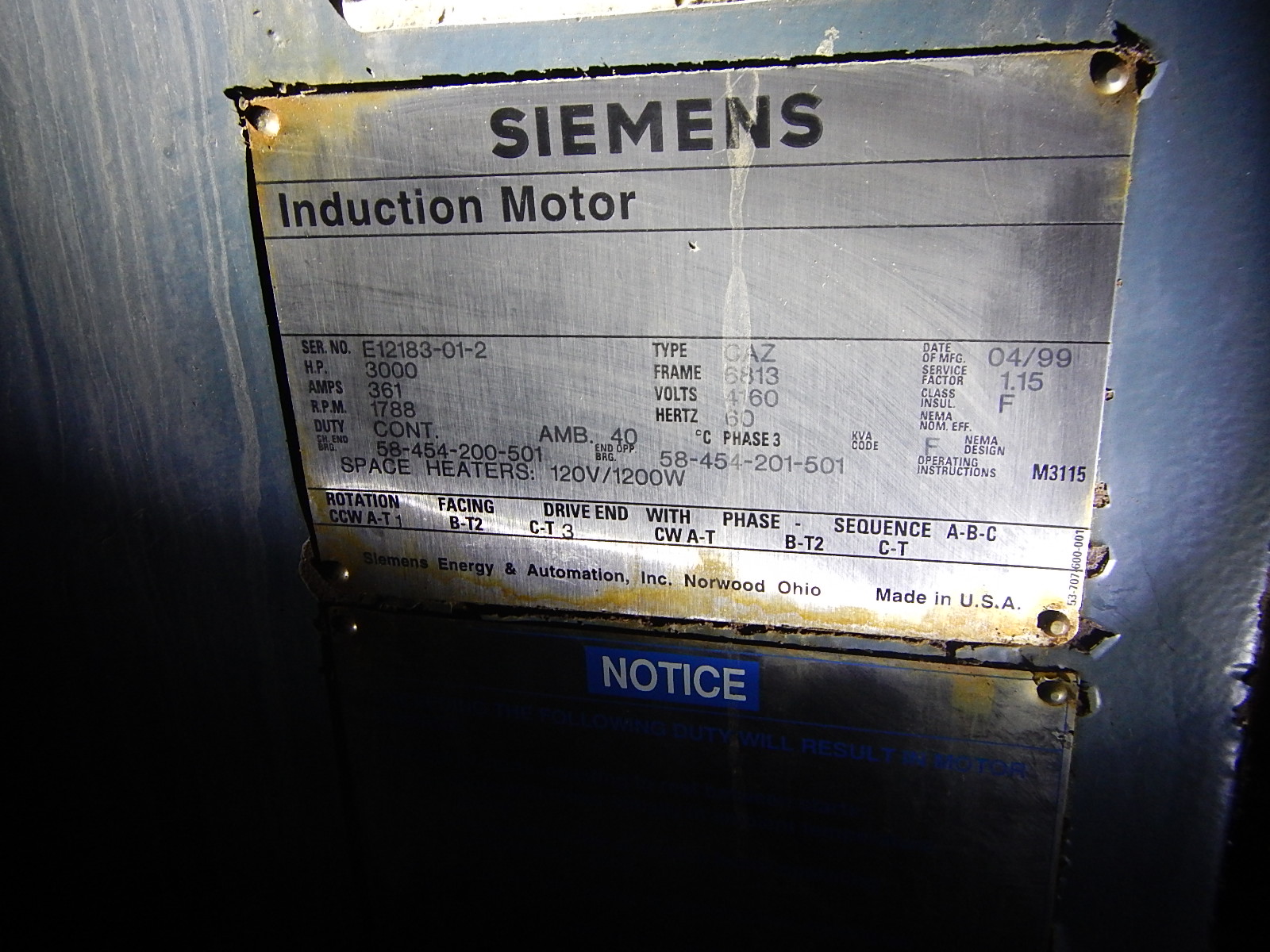 Siemens 3000 HP 1800 RPM 6813 Squirrel Cage Motors 72660