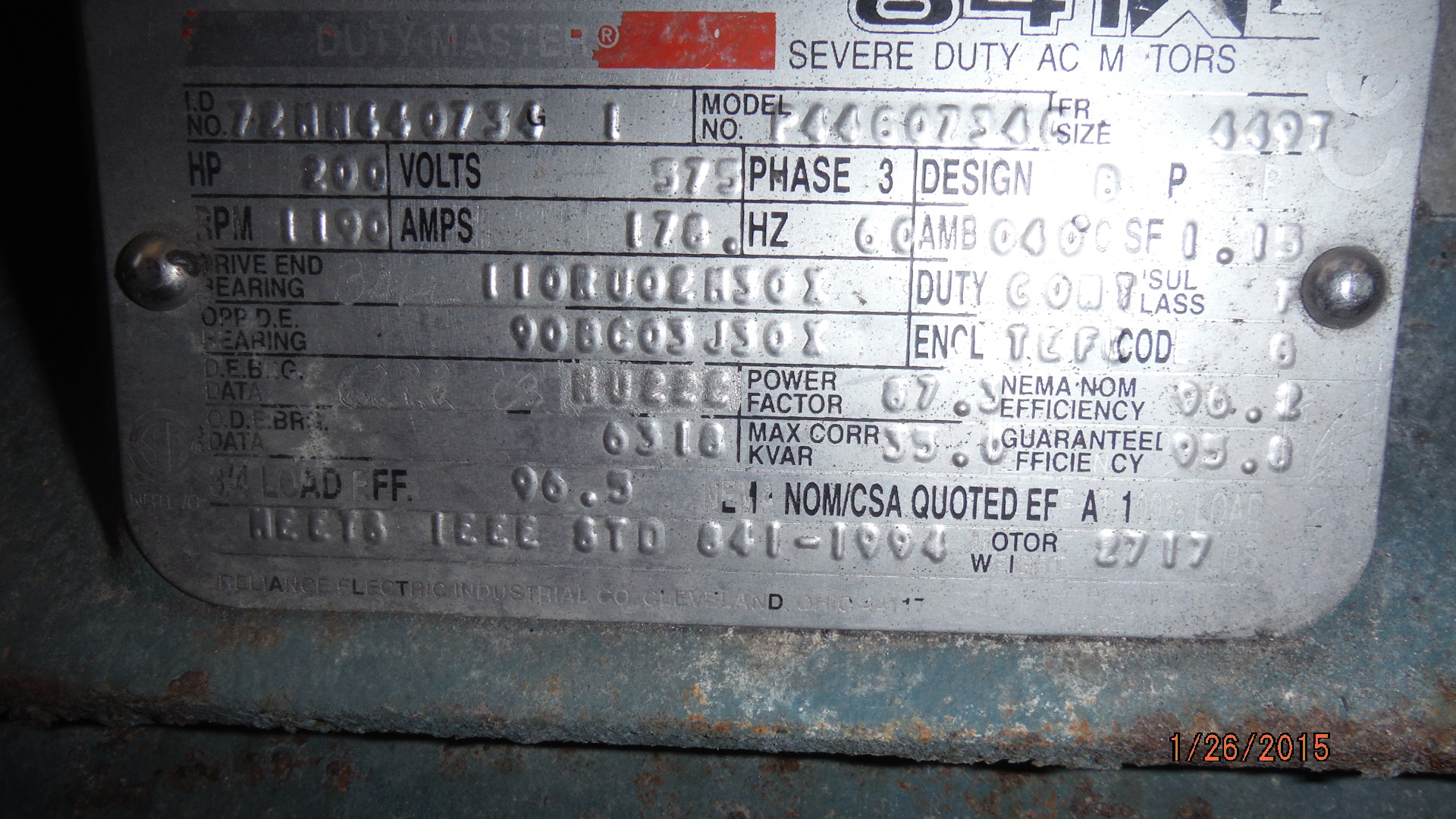 Reliance 200 HP 1200 RPM 449T Squirrel Cage Motors 72775