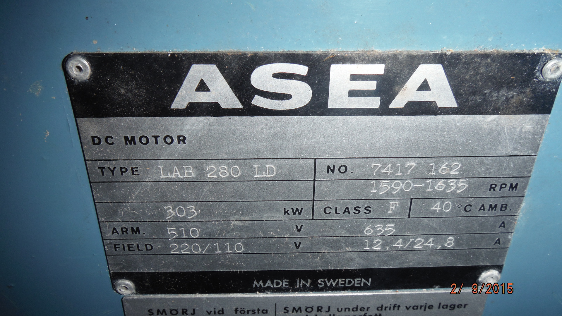 ASEA 400 HP 1590/1635 RPM LAB280LD DC Motors 72808
