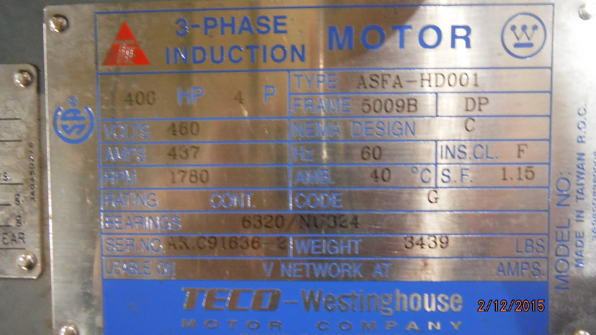 Teco Westinghouse 400 HP 1800 RPM 5009BDZ Squirrel Cage Motors 72834