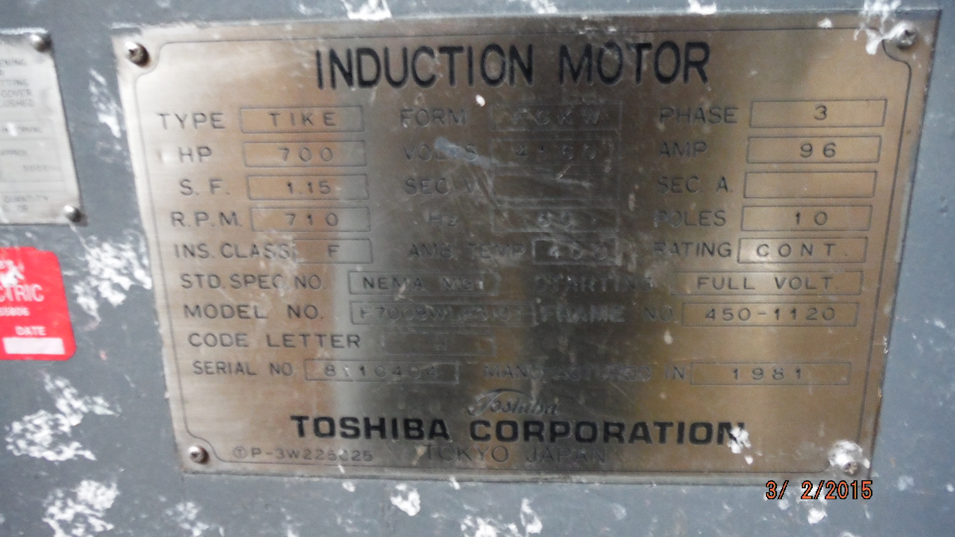 Toshiba 700 HP 720 RPM 450-1120 Squirrel Cage Motors 73004