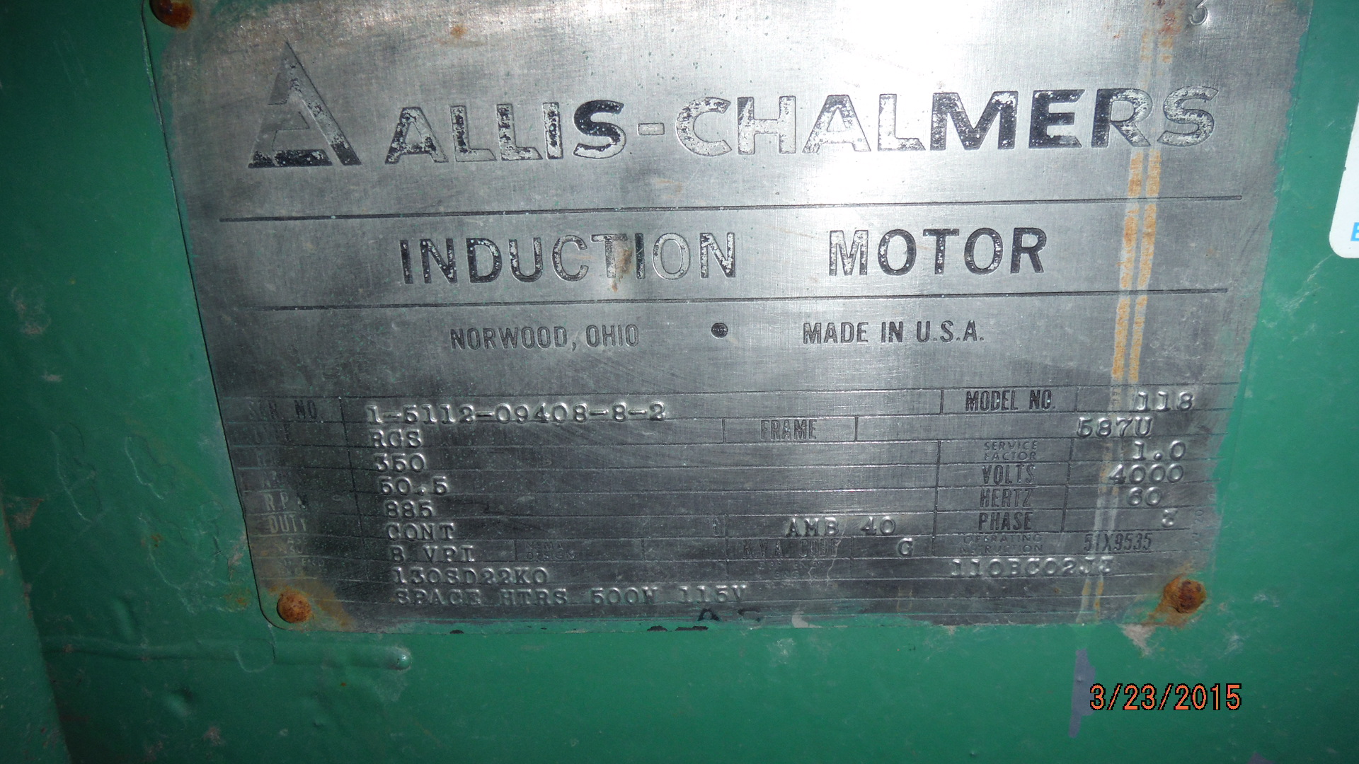 Allis-Chalmers 350 HP 900 RPM 587U Squirrel Cage Motors 73037
