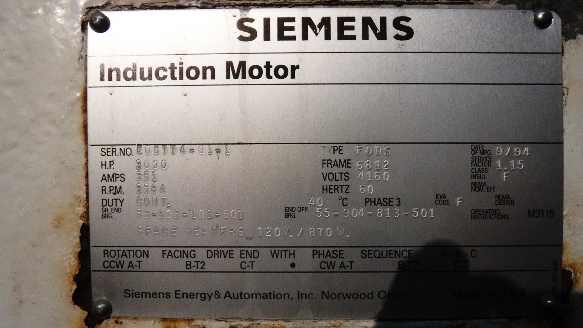 Siemens 3000 HP 3600 RPM 6812 Squirrel Cage Motors 73223
