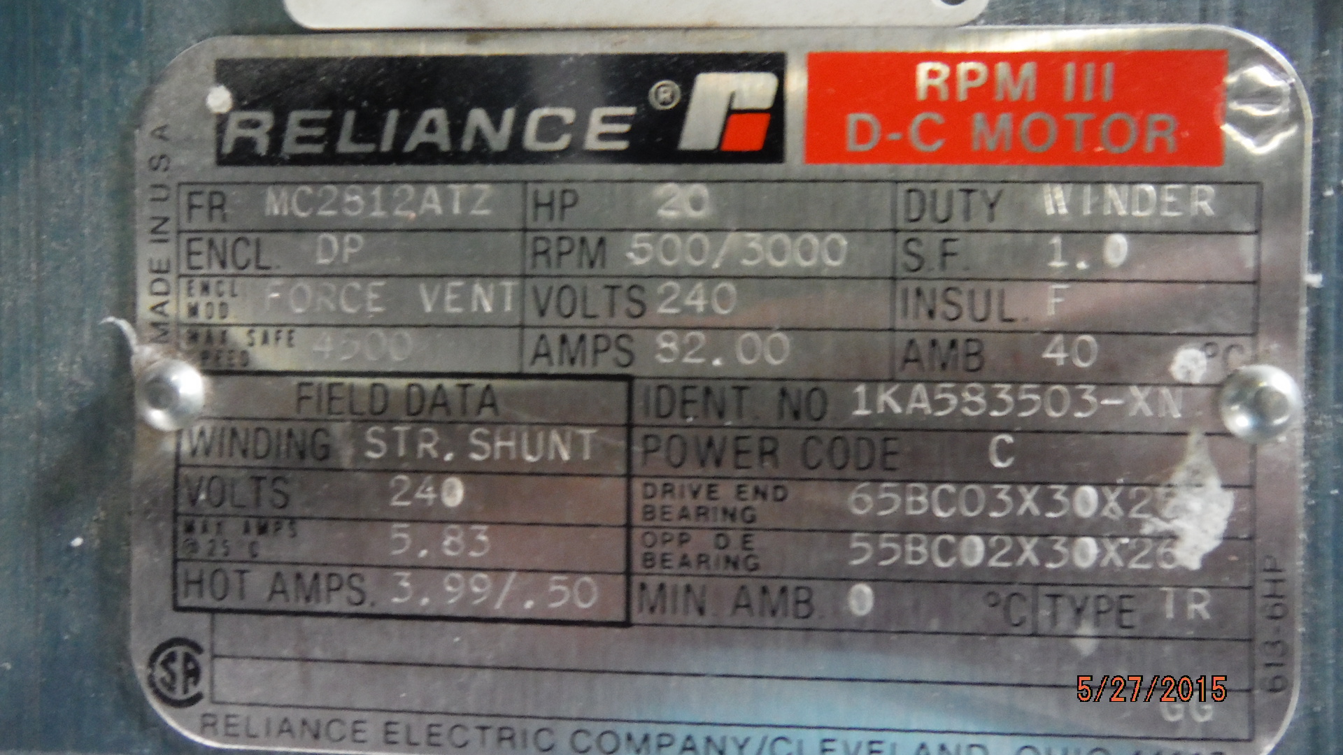 Reliance 20 HP 500/3000 RPM MC2812ATZ DC Motors 73326
