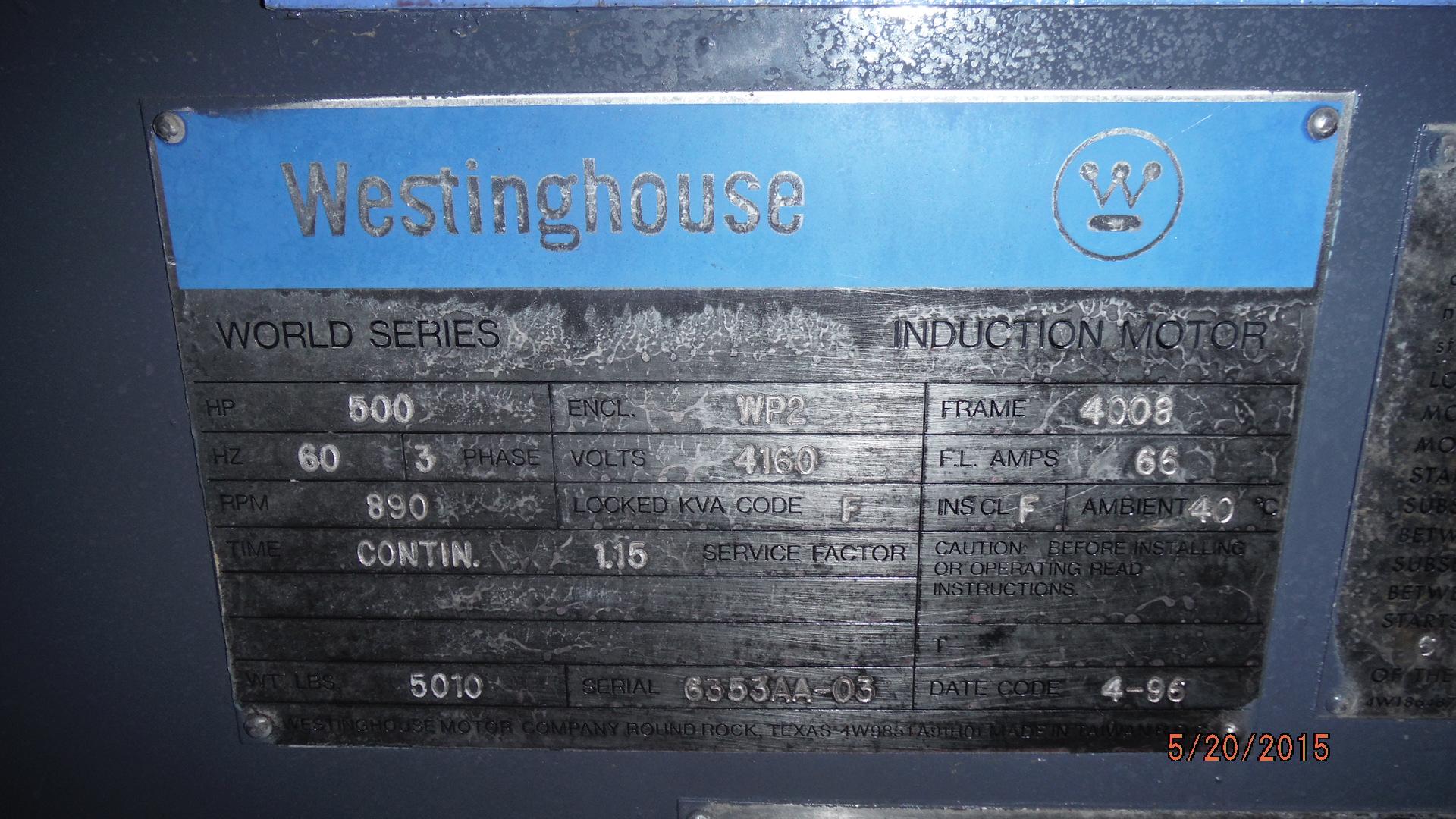 Westinghouse 500 HP 900 RPM 4008 Squirrel Cage Motors 73378