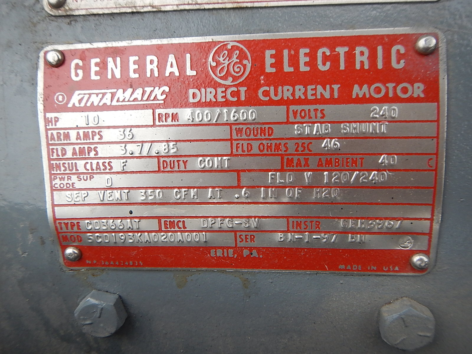 General Electric 10 HP 400/1600 RPM 366AT DC Motors 73576