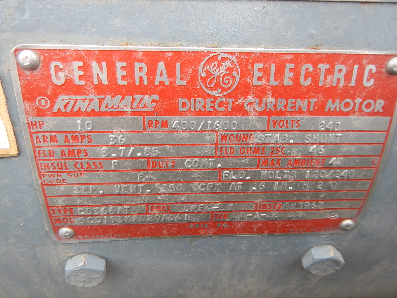 General Electric 10 HP 400/1600 RPM 366AT DC Motors 73584