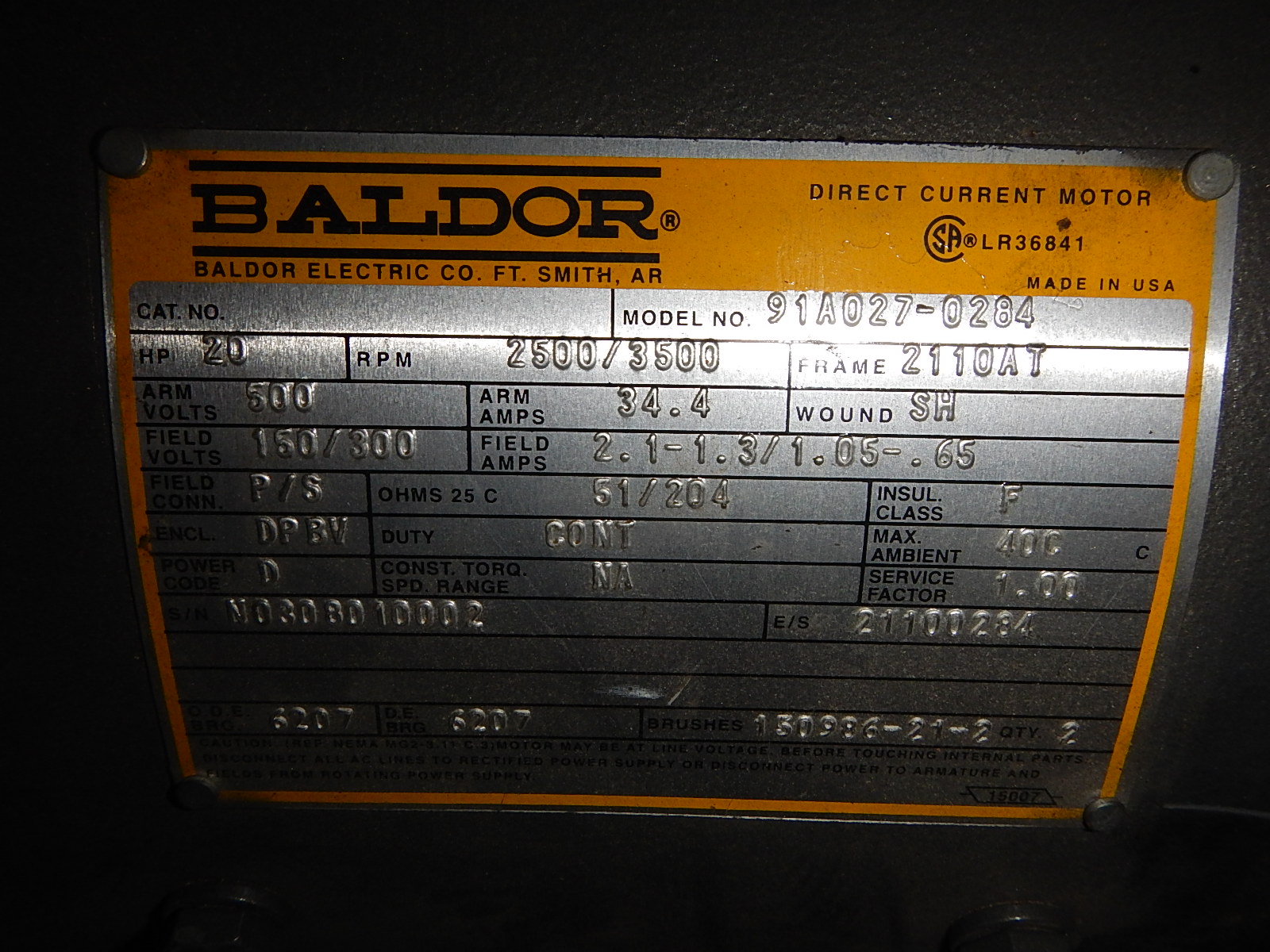Baldor 20 HP 2500/3500 RPM 2110ATC DC Motors 73603