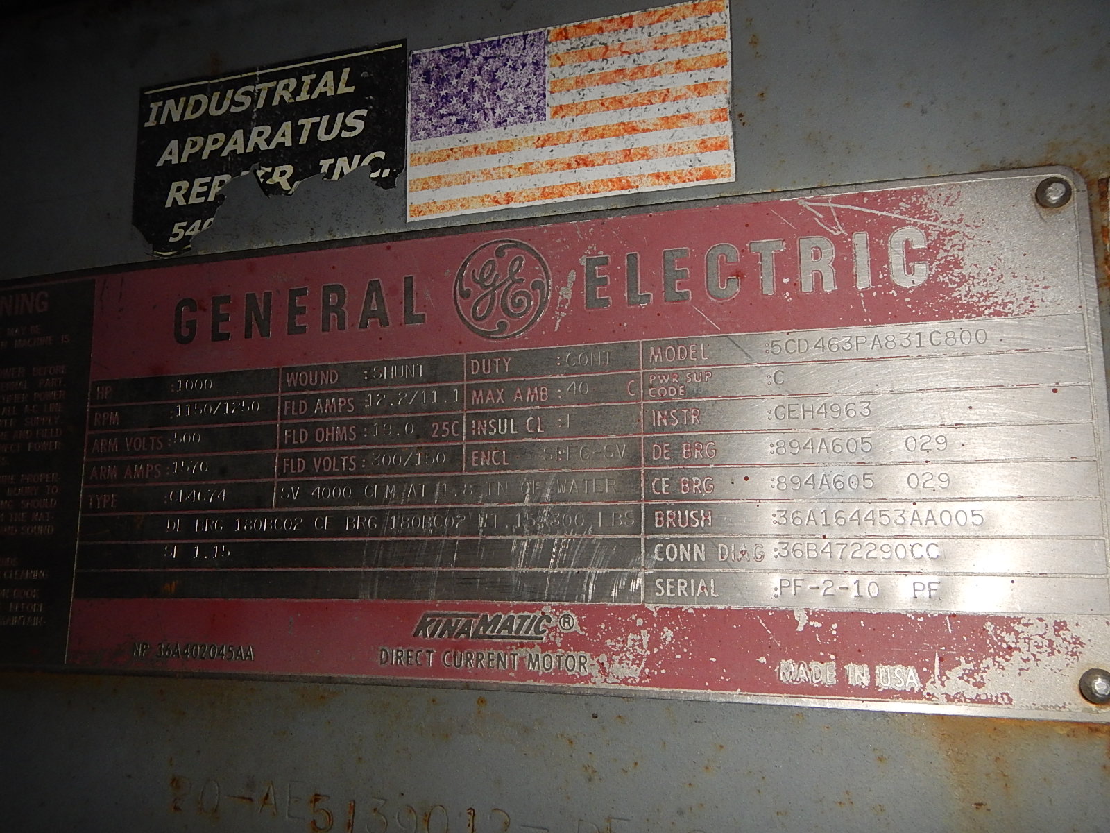 General Electric 1000 HP 1150/1250 RPM 4674 DC Motors 73929