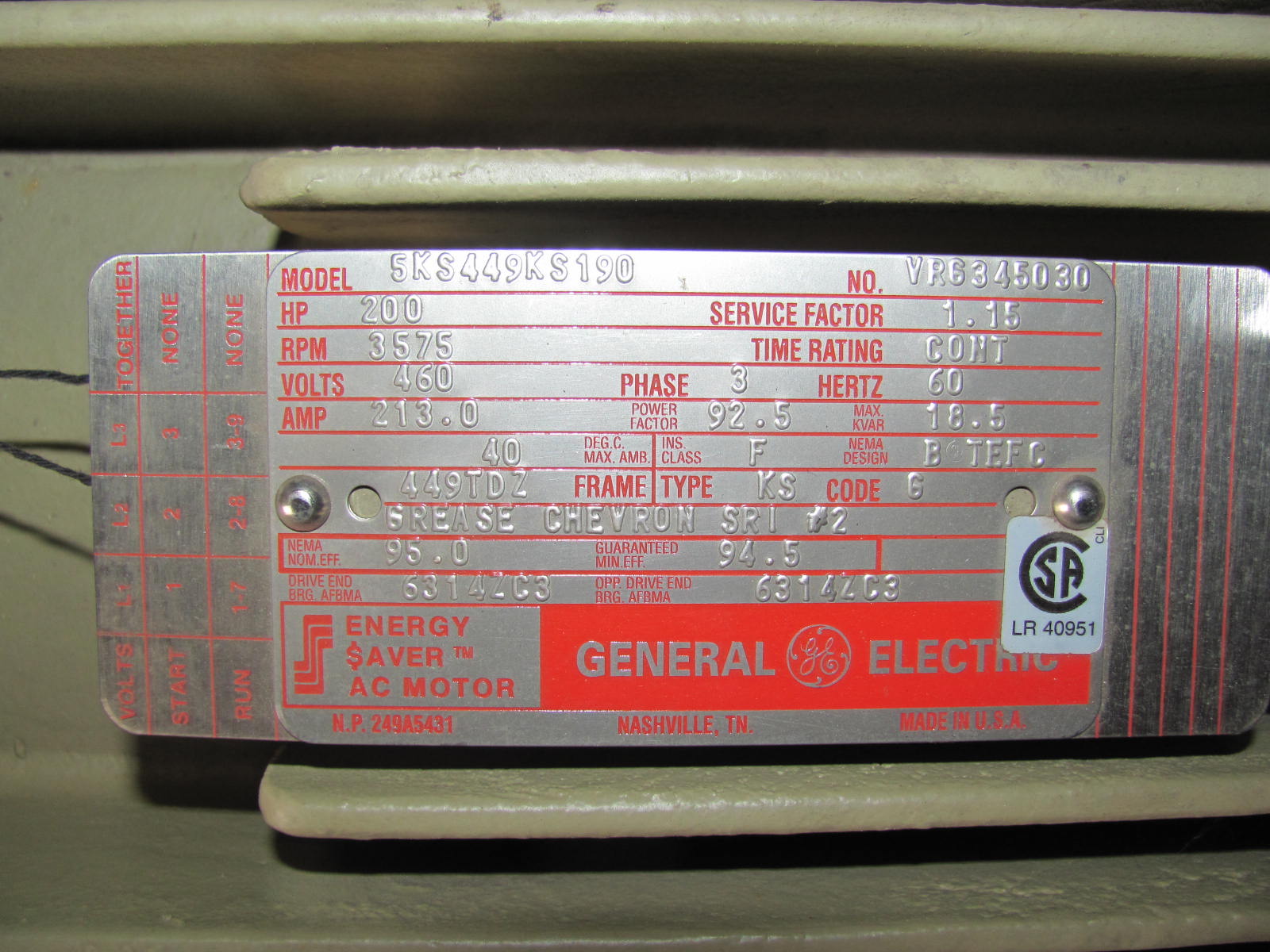 General Electric 200 HP 3600 RPM 449TDZ Squirrel Cage Motors 74033