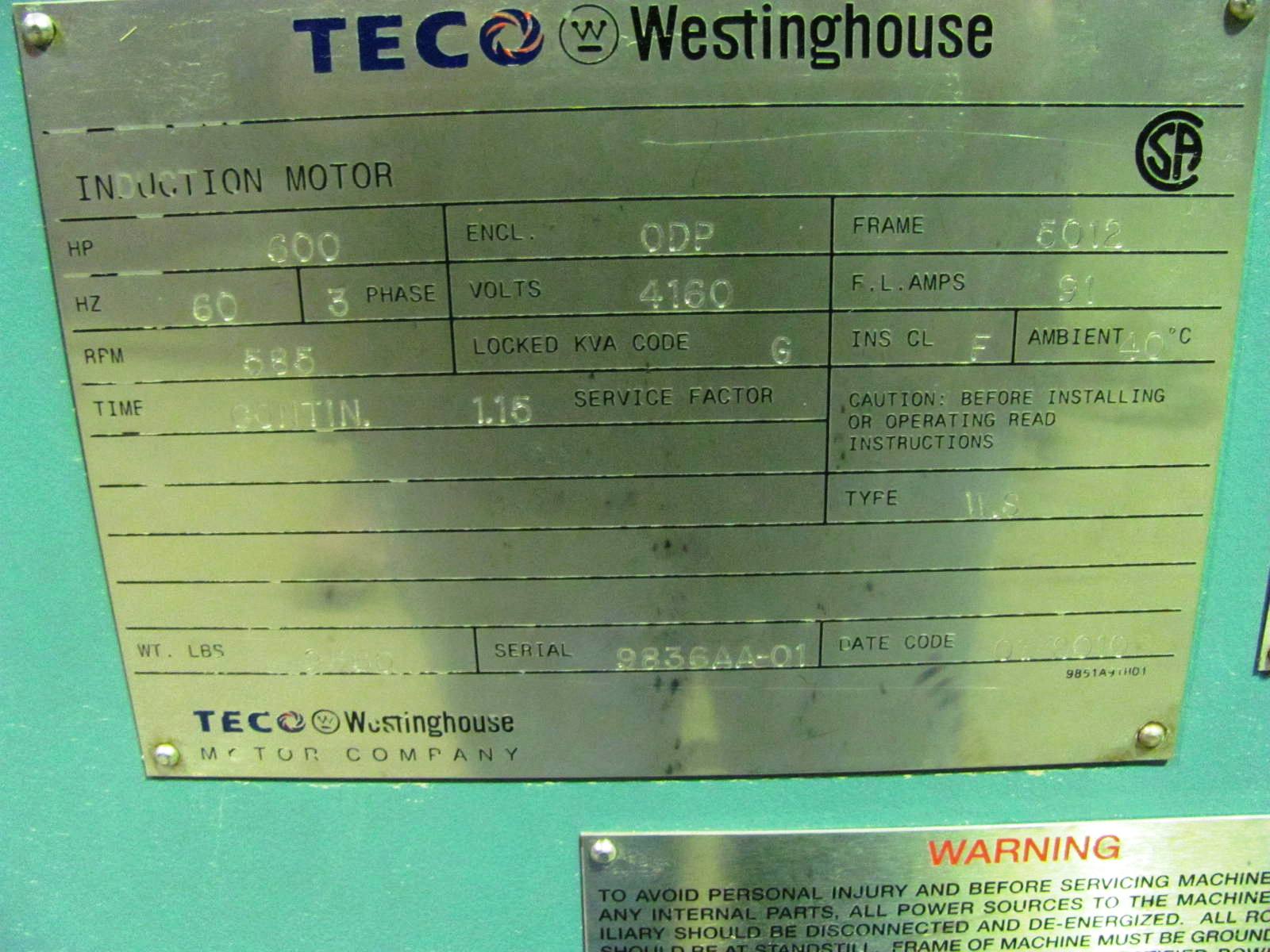 Teco Westinghouse 600 HP 600 RPM 5012 Squirrel Cage Motors 74207
