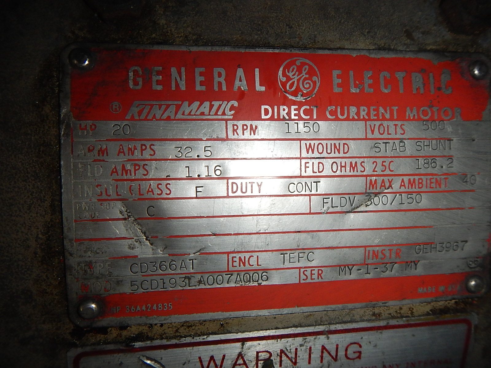 General Electric 20 HP 1150 RPM 366AT DC Motors 75131