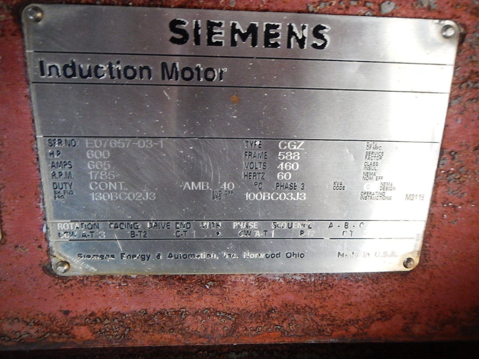 Siemens 600 HP 1800 RPM 588 Squirrel Cage Motors 75177