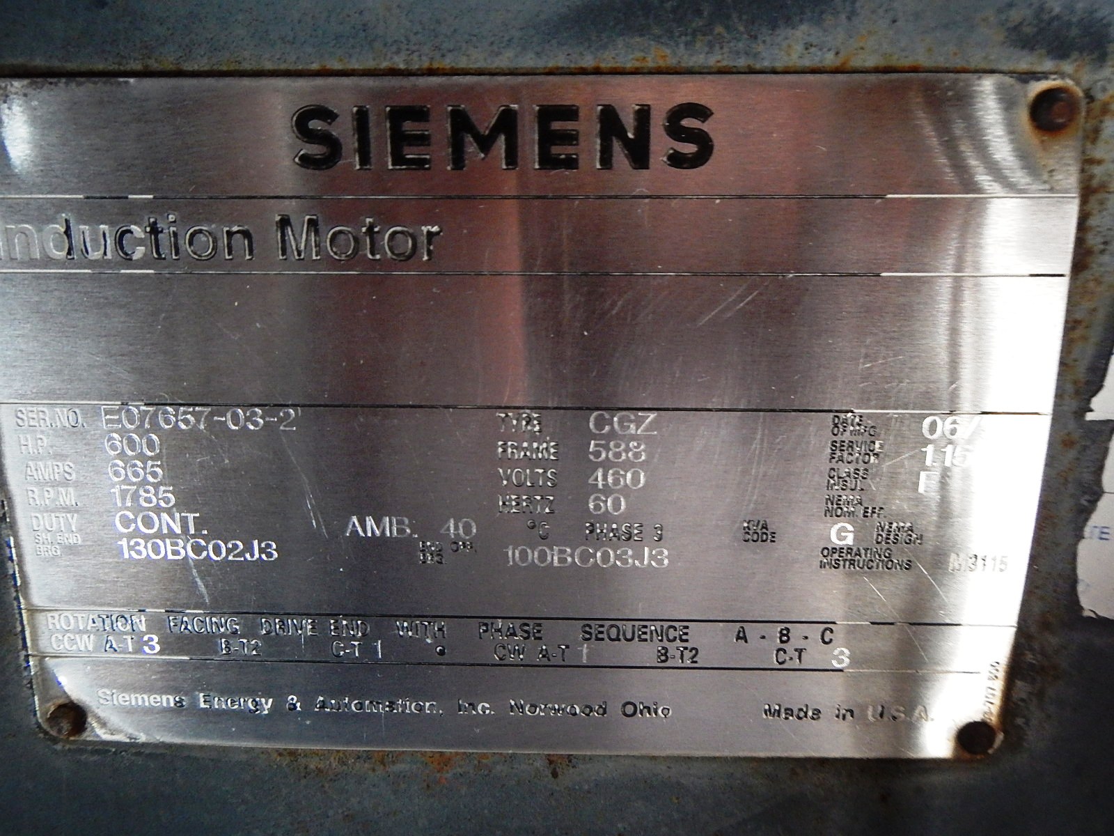Siemens 600 HP 1800 RPM 588 Squirrel Cage Motors 75178