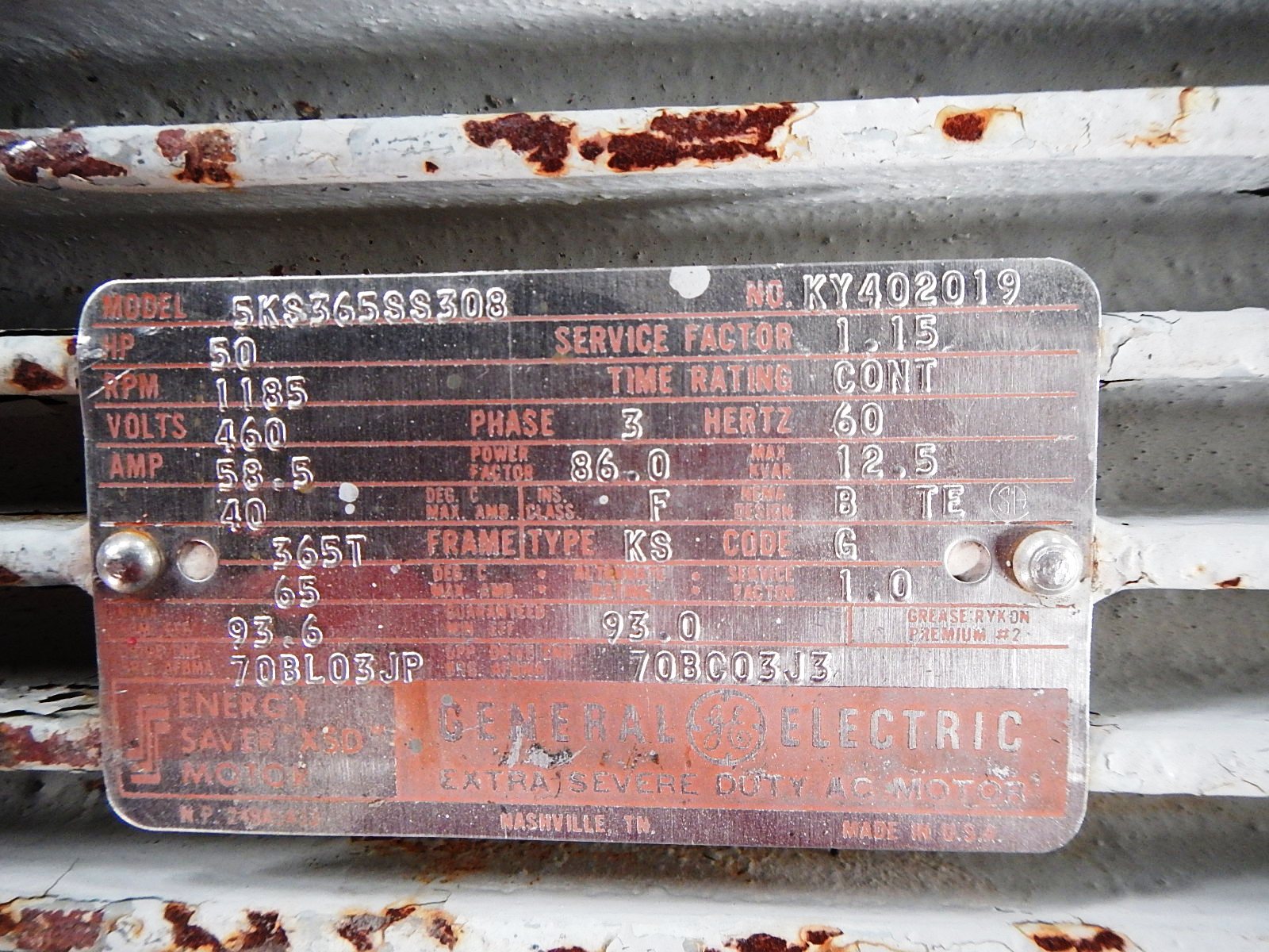 General Electric 50 HP 1200 RPM 365T Squirrel Cage Motors 75195